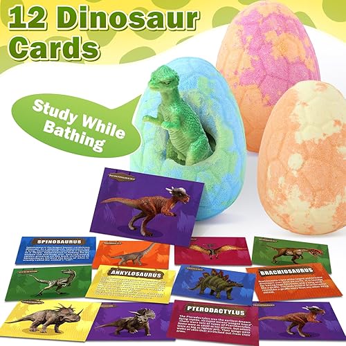 Miniatura 5 de Bombas de baño de huevos de dinosaurio para niños, paquete de 9 bombas de baño de dinosaurio con juguetes sorpresa de dinosaurio, juguetes de auto