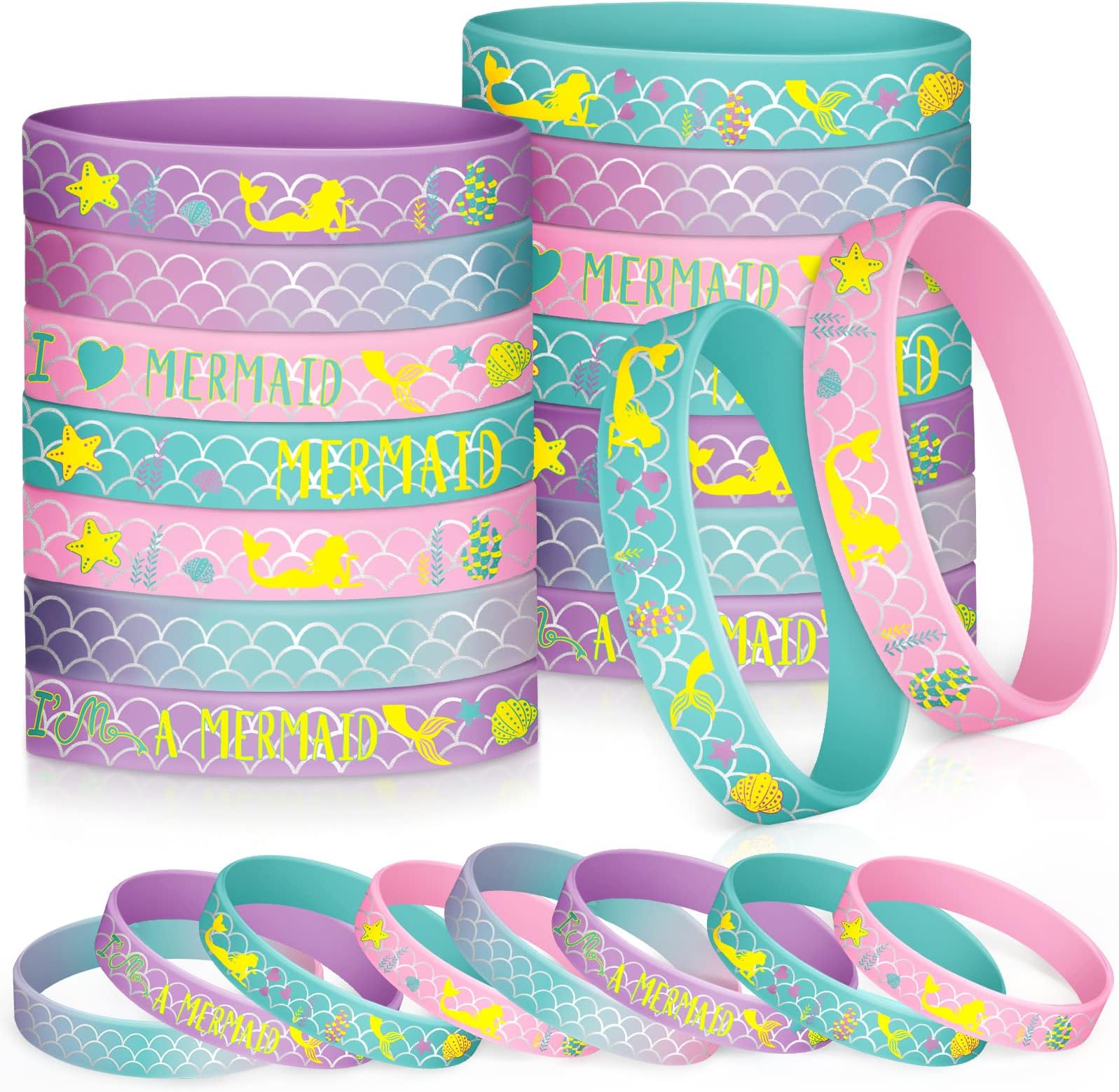 Zomiboo 24 Pack Mermaid Silicone Wristband Birthday Bracelets Mermaid Party Favors for Boys Girls Birthday Party Under The Sea Themed Baby Shower Supplies Classroom Gift Exchange School Games Prizes