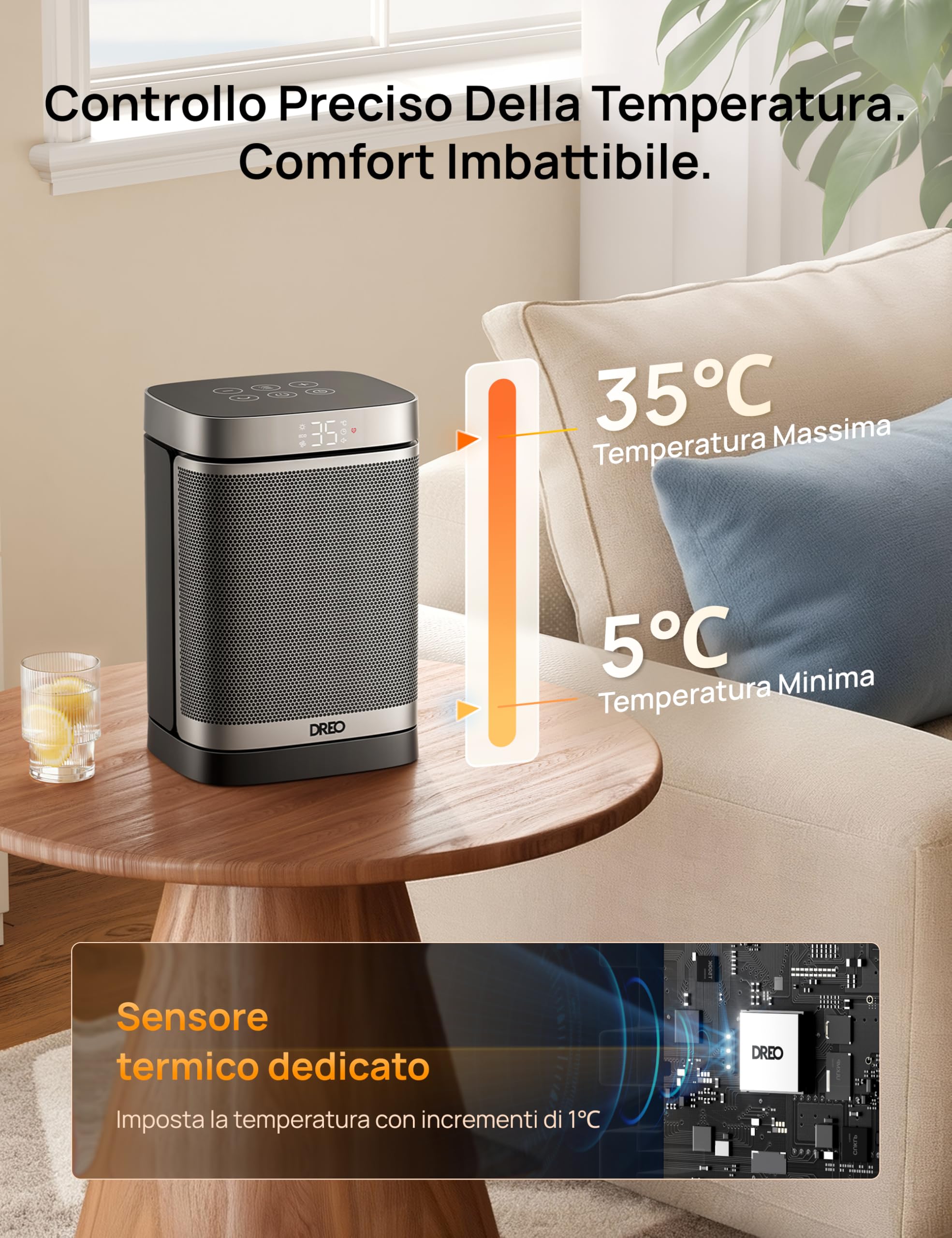 Dreo Riscaldatore intelligente per spazio, Riscaldatore elettrico in ceramica PTC oscillante a 70° con termostato, Telecomando, 3 modalità 3 velocità, Modalità ECO per risparmio energetico