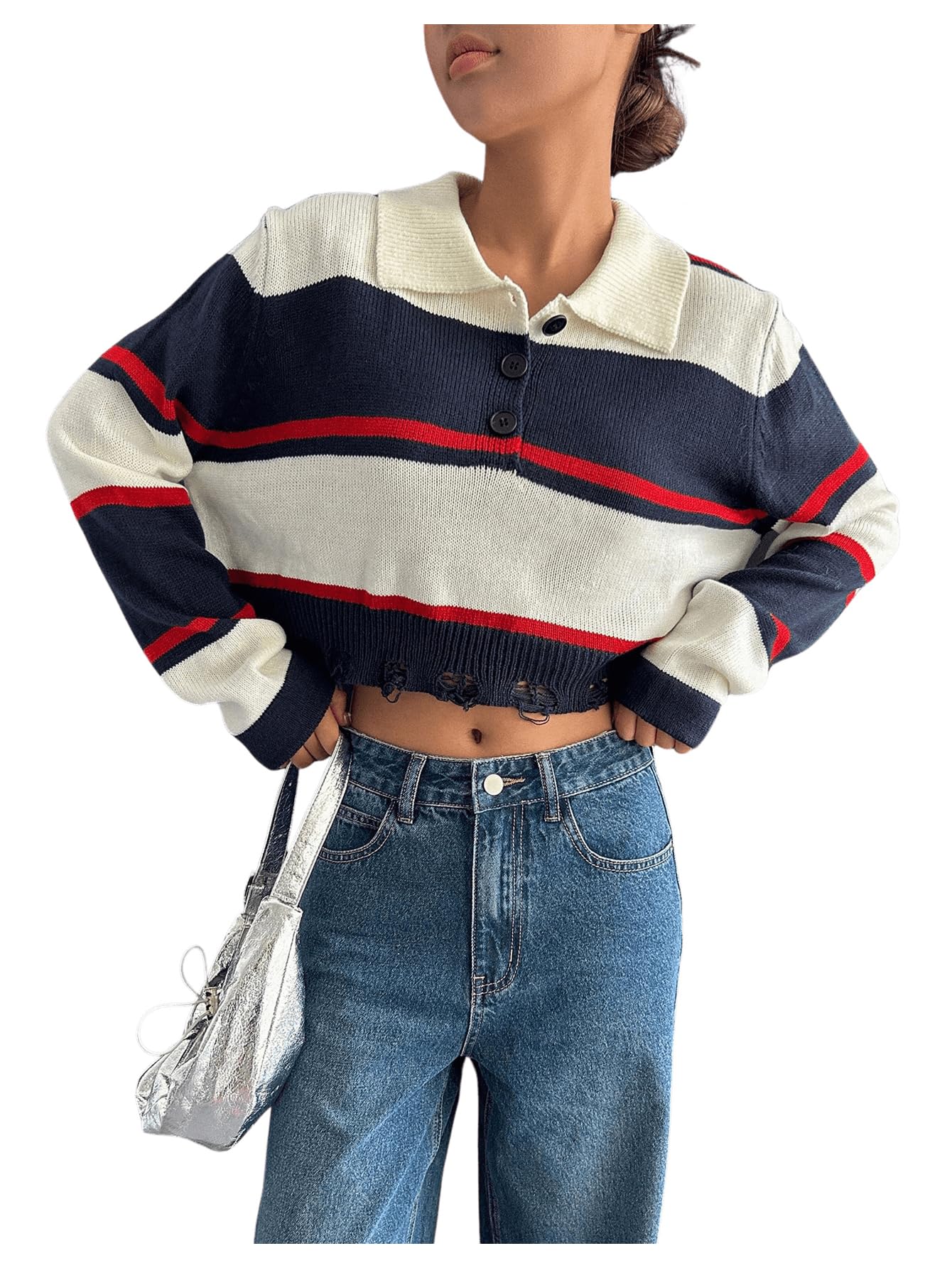 WDIRARA Womens Colorblock Ripped Sweater Long Sleeve Collar Pullovers Knit Crop Tops