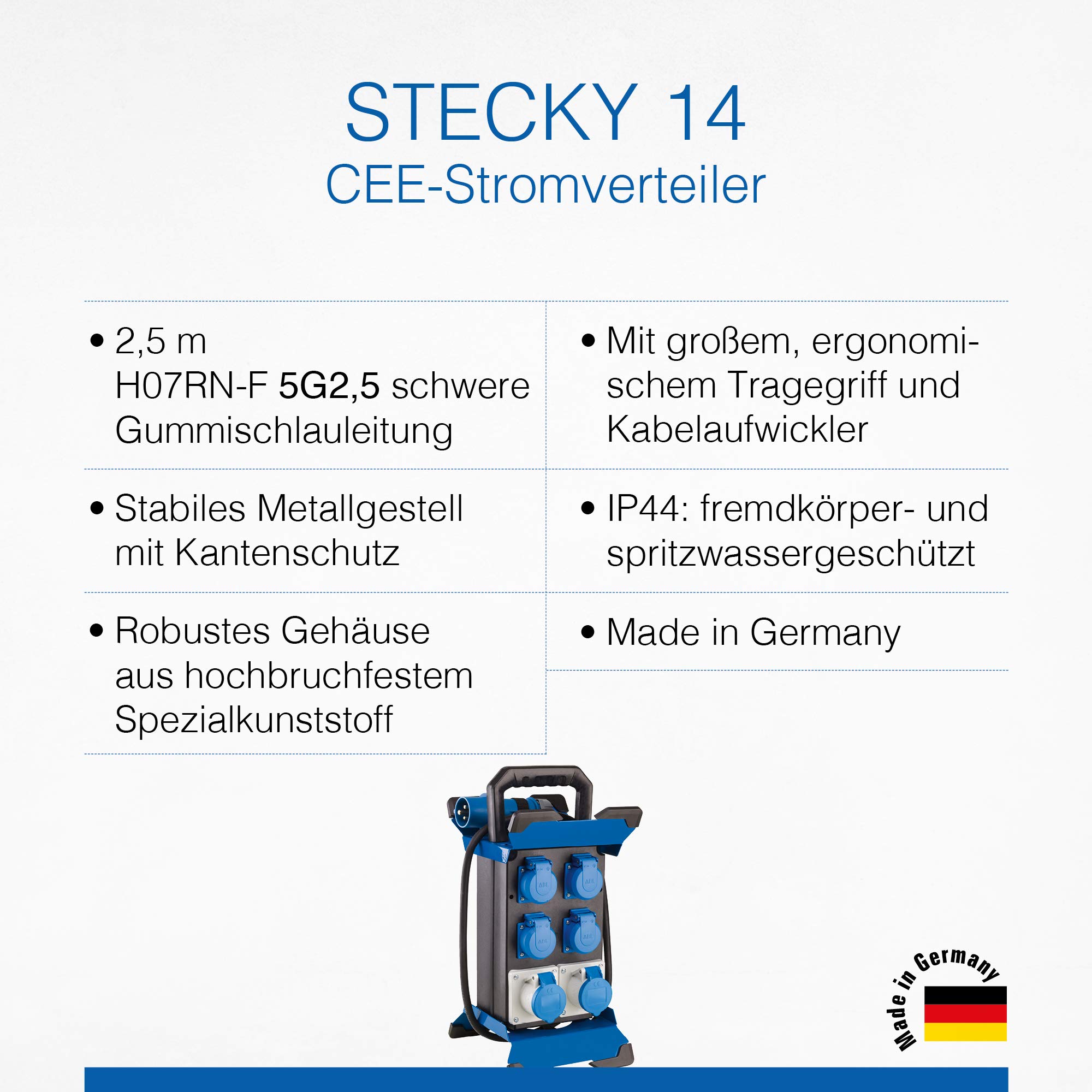 as - Schwabe Tragbarer CEE-Stromverteiler Stecky 14, CEE-Stecker + 4 Schutzkontakt-Dosen + 2 CEE-Buchsen, Mobiler Stromverteilerkasten, Verteilerdose für den Outdoor-Bereich, IP44, Made in EU, 60869