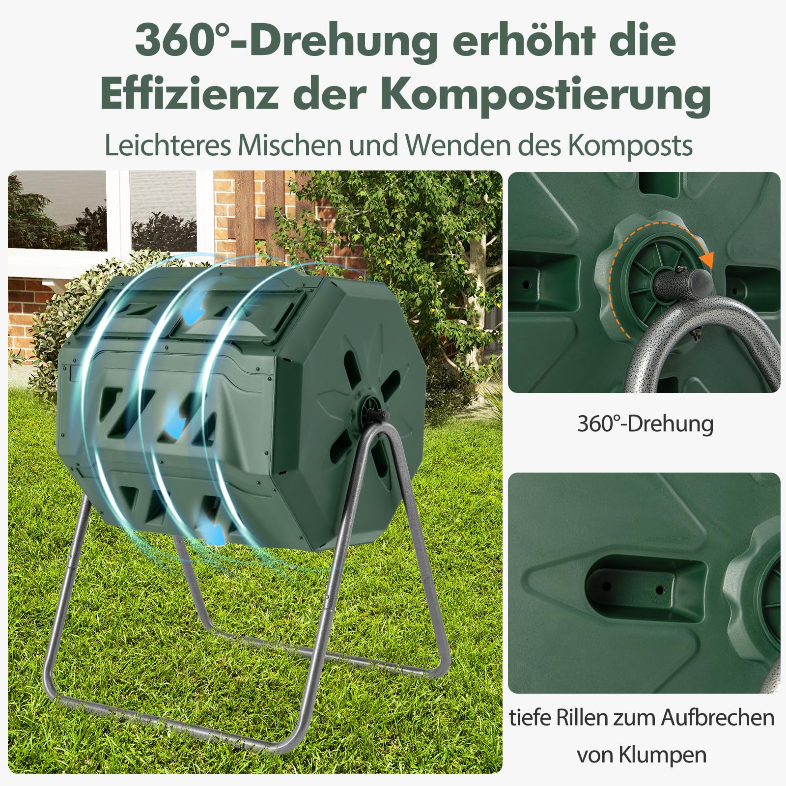 GOPLUS Compostador de tambor de 160 L, con 2 cámaras, 2 puertas correderas, marco de metal y 16 rejillas de ventilación, sin BPA, compostador de jardín para residuos orgánicos y de jardín, incluye
