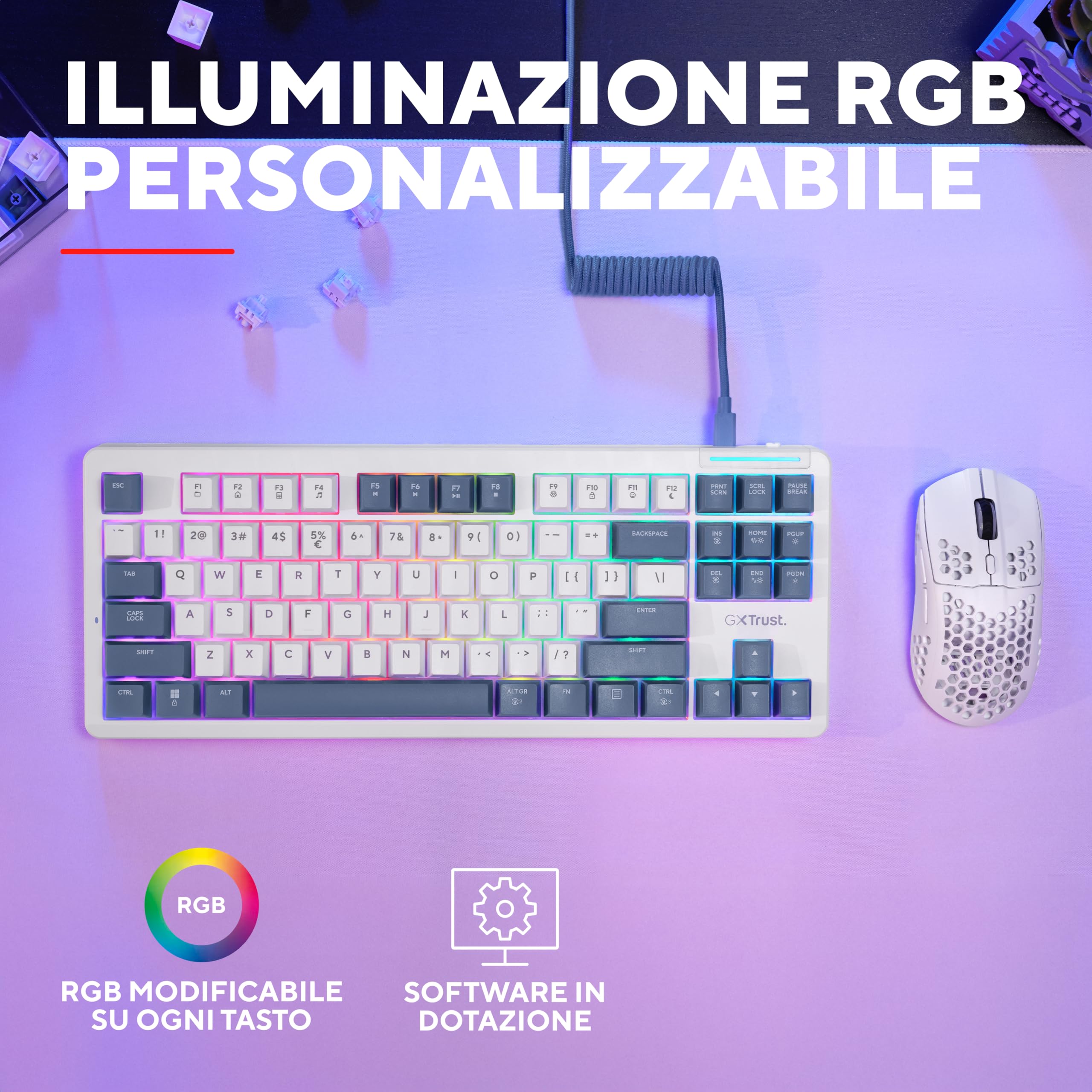 GXTrust 872 Xyra Tastiera Meccanica Gasket TKL Italiano QWERTY, Tastiera Gaming Hot-Swap Creamy 80% Programmabile USB, Retroilluminazione RGB, Interruttori Lineari Leobog 60M 5-pin, Bianco