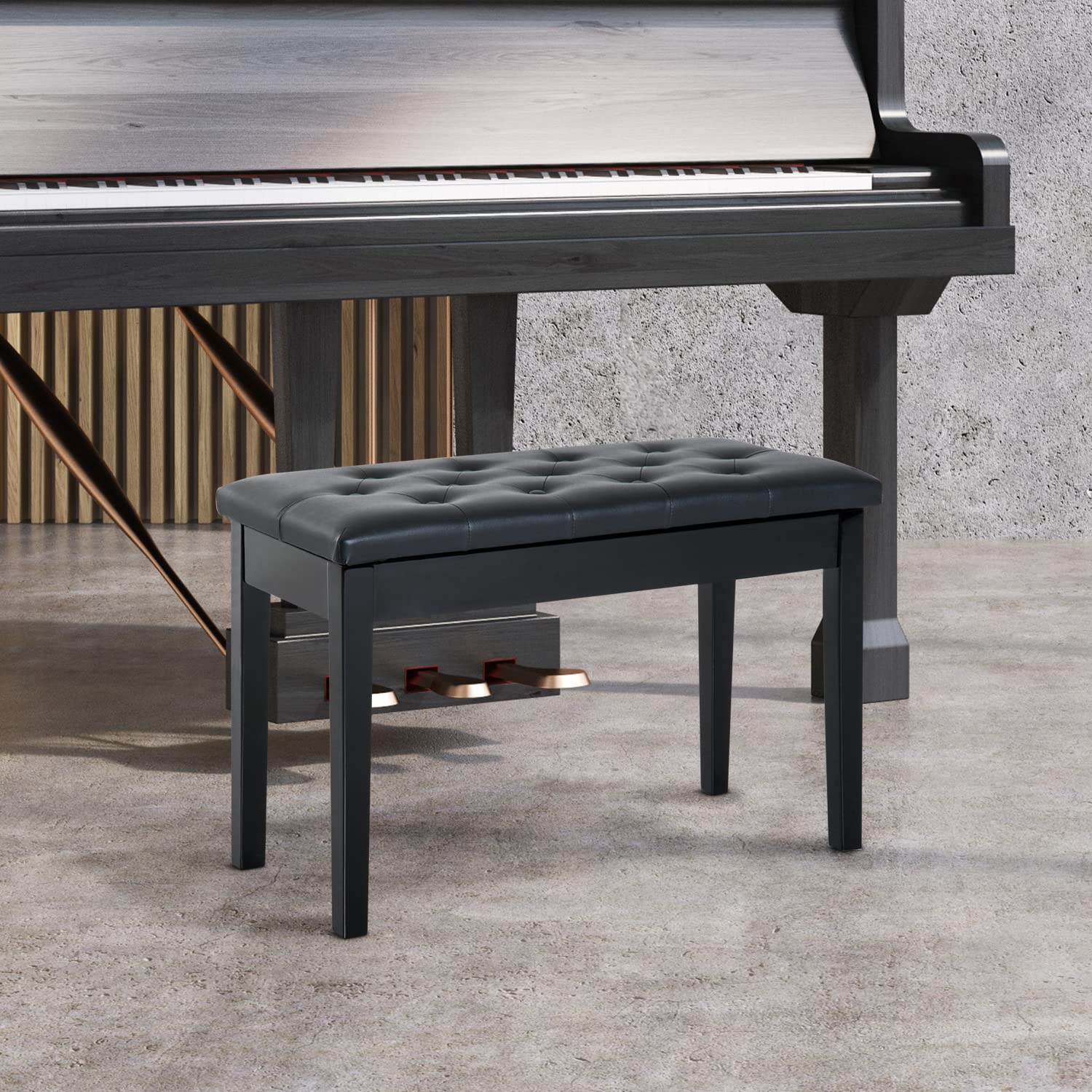 HOMCOM Banquette Tabouret siège pour Piano avec Coffre Noir | Pied Bois Caoutchouc, Assise Capitonnée, Revêtement Synthétique