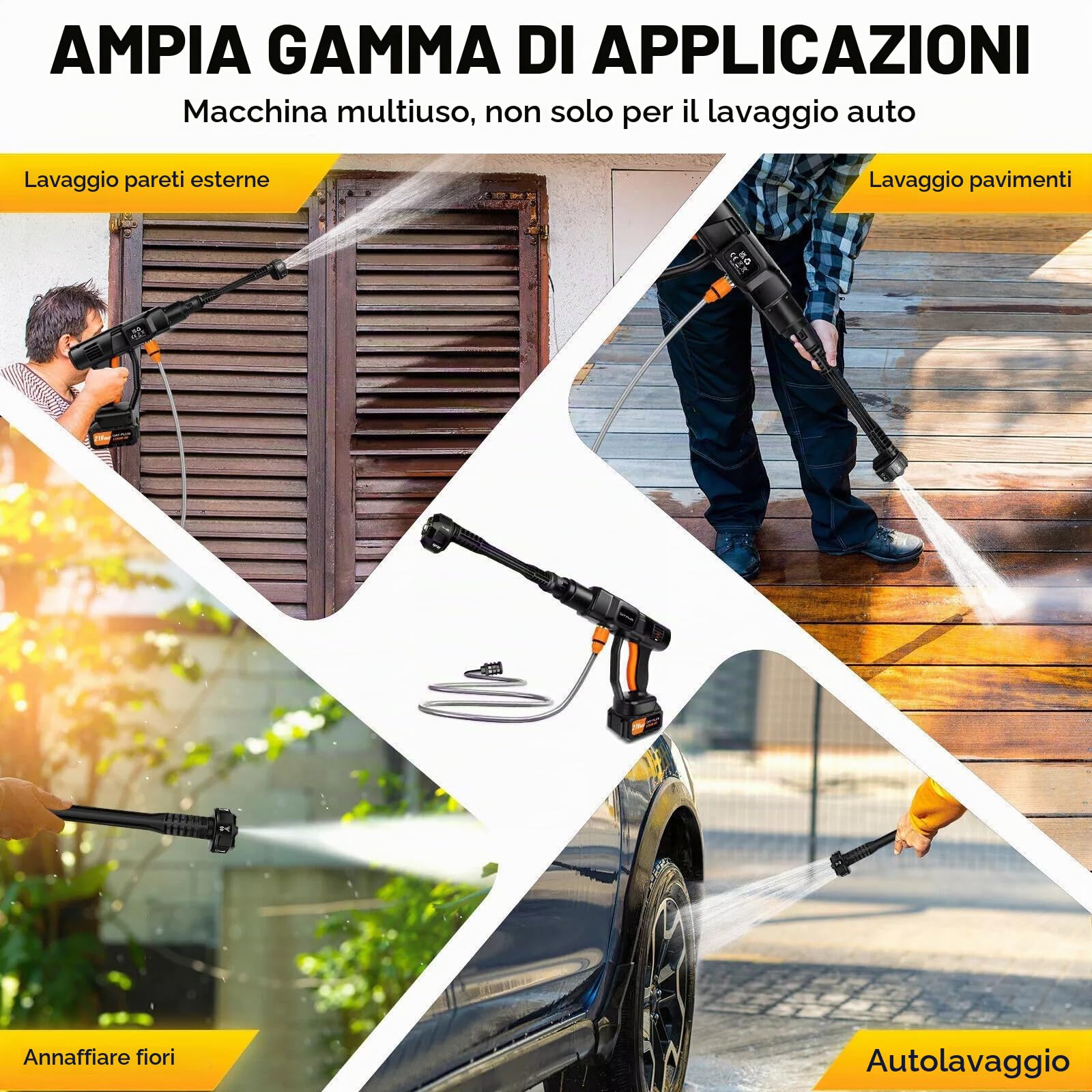 6in1 - Pistola ad acqua ad alta pressione senza fili, 21 V, 300 bar, 3000 psi, con 2 batterie 3.0 Ah, tubo da 5 metri