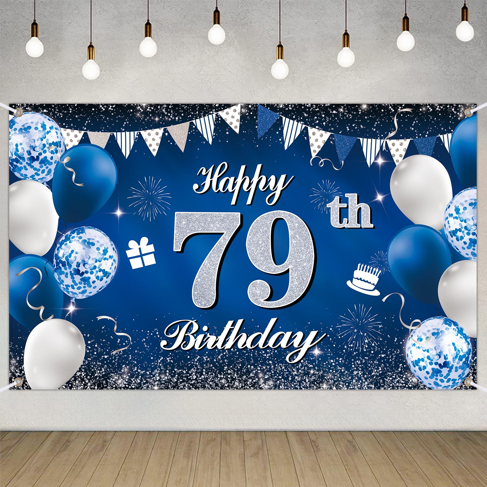 Happy 79th Birthday Decorations Blue Birthday Banner for Party Backdrop for Men Women Party Decoration Supplies