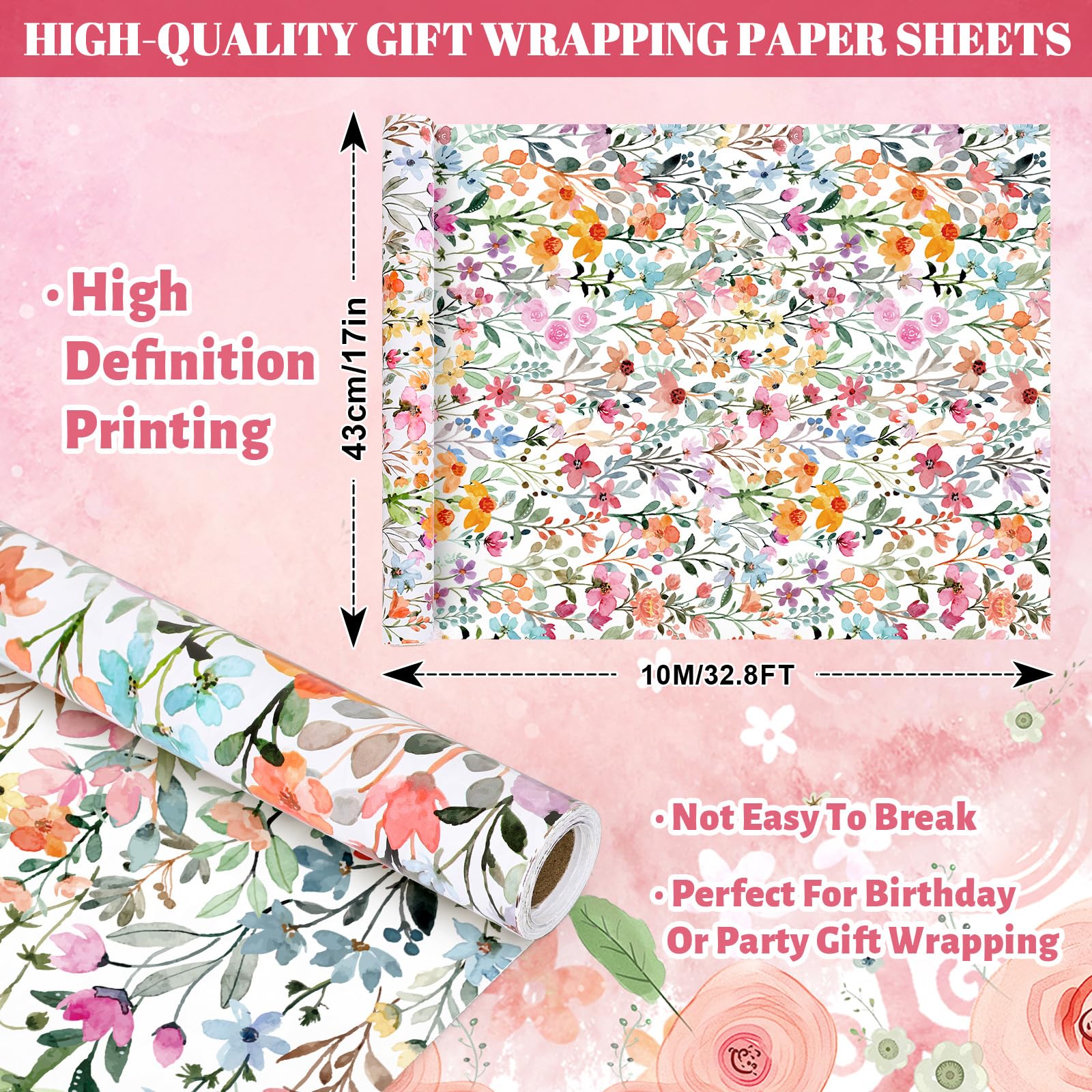 FYSUIMU Florales Geschenkpapier – Mini-Rolle – 43 cm x 100 cm Aquarell-Blumen-Geschenkpapier, bunte Wildblumen, Bastelpapier für Frühling, Hochzeit, Geburtstag