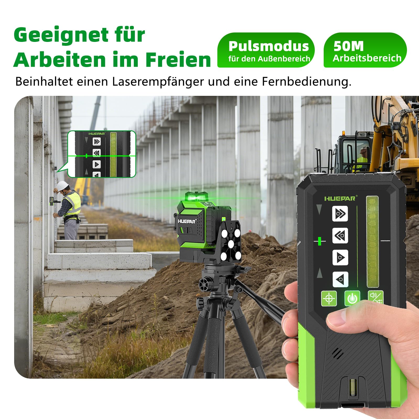 Huepar kreuzlinienlaser 360 grad mit Fernbedienungsempfänger | Linienlaser Automatische Verfolgung, Motorisierte Basis, 1/13" Präzisionslaser, Pulsmodus im Freien, einstellbarer Helligkeit