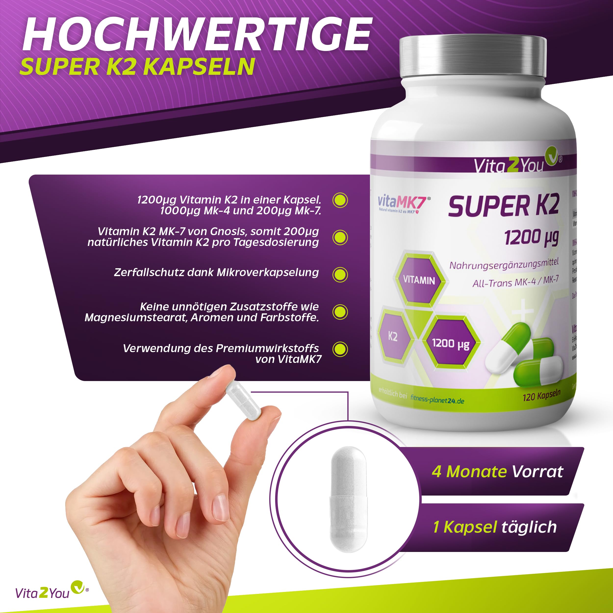 Vita2You Super K2-1200µg Vitamin K2 - Original vitaMK7® - (Natürliches MK-7) mit MK-4 >99% All Trans - 120 Kapseln - Hochdosiert - Premium Qualität