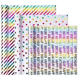 WRAPAHOLIC Heart Wrapping Paper Roll - Mini Roll - 3 Rolls - 17 inch x 120 inch Per roll - Colorful Foil Birthday Wrapping Paper for Valentine\'s Day, Kids Girls Birthday, Baby Shower