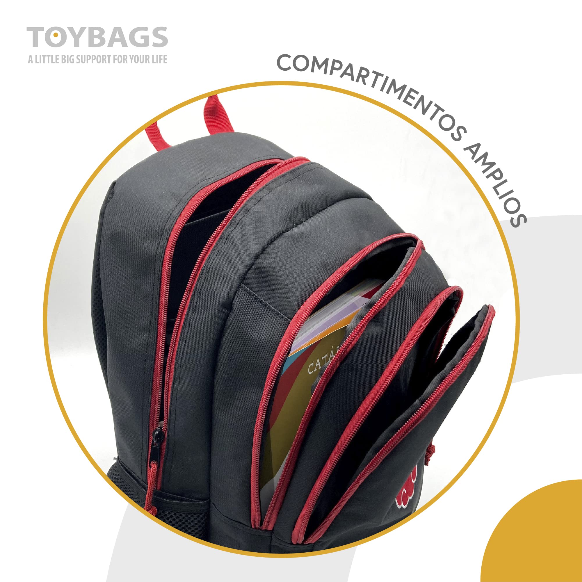 Mochila Escolar Naruto Cloud - Doble Compartimento y Bolsillo Frontal - Bolsillos Laterales - Portaordenador e Interior Forrado - Adaptable a Carro - 19 × 31 × 42 cm - Toybags