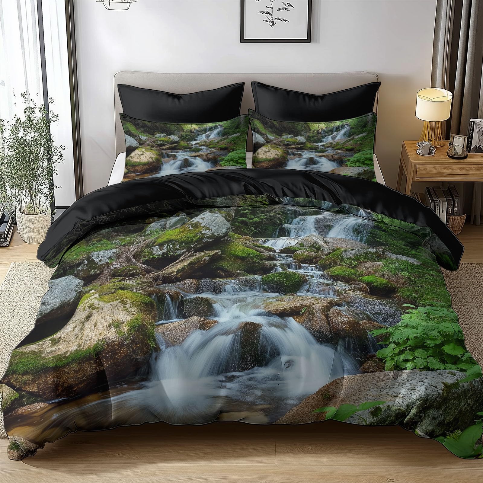 Pościel 3D, letni krajobraz górski, komplet pościeli 200 x 200 cm + poszewka na poduszkę 80 x 80 cm, czarna, z mikrofibry, dwustronna, 3-częściowy, z zamkiem błyskawicznym
