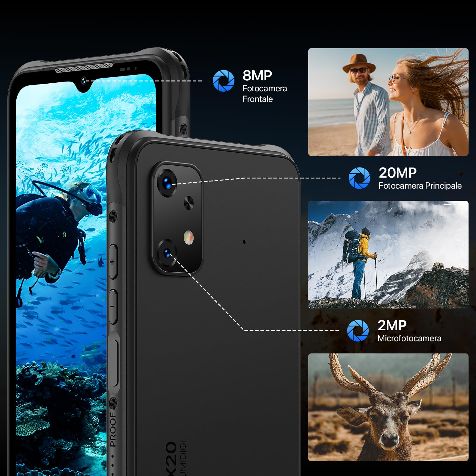 UMIDIGI BISON X20 Rugged Smartphone,12GB (6+6)+128GB/1TB Telefono Indistruttibile,6000mAh Android 13, 20MP Fotocamera, 6,53" Schermo, IP68 Impermeabile Cellulare Antiurto, Dual 4G SIM/Face ID/NFC/GPS