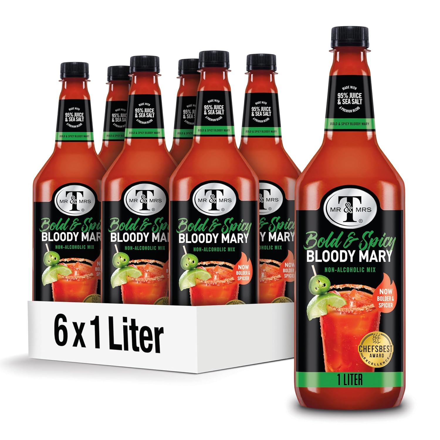 Mr & Mrs T Bold & Spicy Bloody Mary Mix, 1 L bottle (Pack of 6), Spicy Cocktail Juice Mixer, Bold Flavors, Perfect for Bloody Mary and Mocktail Drinks