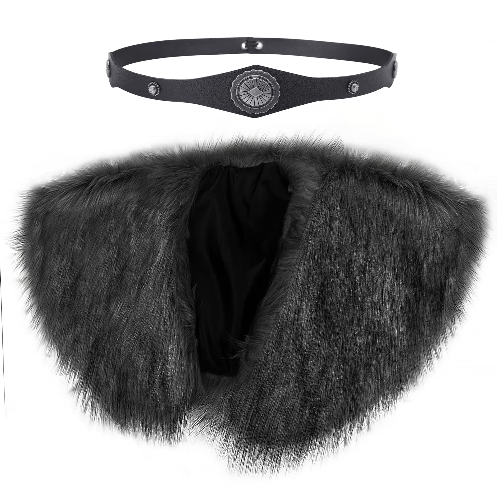 FakeFace Viking Faux Fur Shawl Renaissance Cape Medieval Mantle Shoulder Wrap Collar Furry Fur Collar Halloween Cosplay Costume (Black with Leather Headband - Image 3