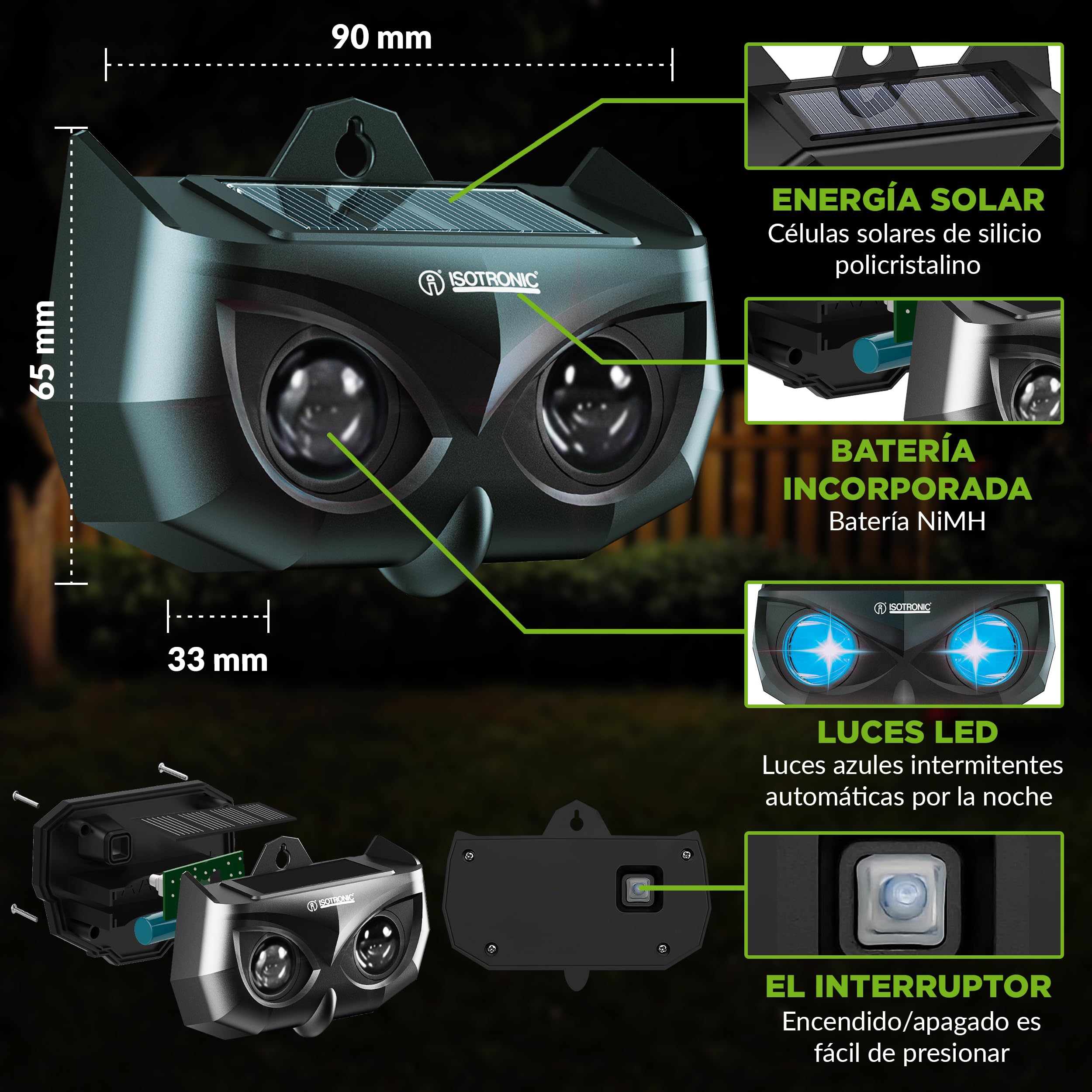 ISOTRONIC Repelente Solar para mapaches, Ciervos, Zorros y jabalíes: Repelente de Fauna Silvestre con luz LED Azul. Disuasivo eficaz con un Alcance Efectivo de 40 m² (4 Unidades).