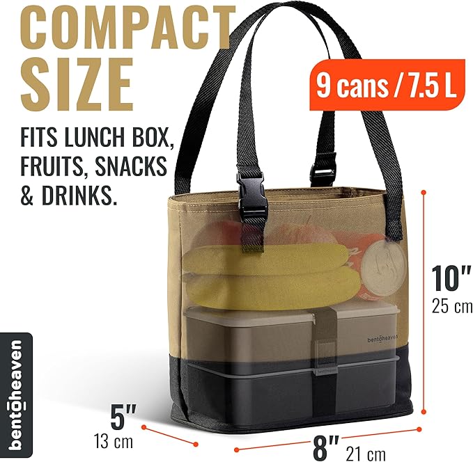 This tote hits the sweet spot between portability and capacity. Measuring 10 x 9 x 6 inches, it offers ample space for packing your lunch essentials, including fruit, food, and drink containers, with a capacity of approximately 250 fl. oz, equivalent to nine cans. The wide-open design makes packing and cleaning a breeze, and while it's tailored with the Bentoheaven range in mind, it effortlessly accommodates most lunch boxes and cans. This makes it an ideal choice for those who want to ensure their meals are neatly organized and easily accessible.