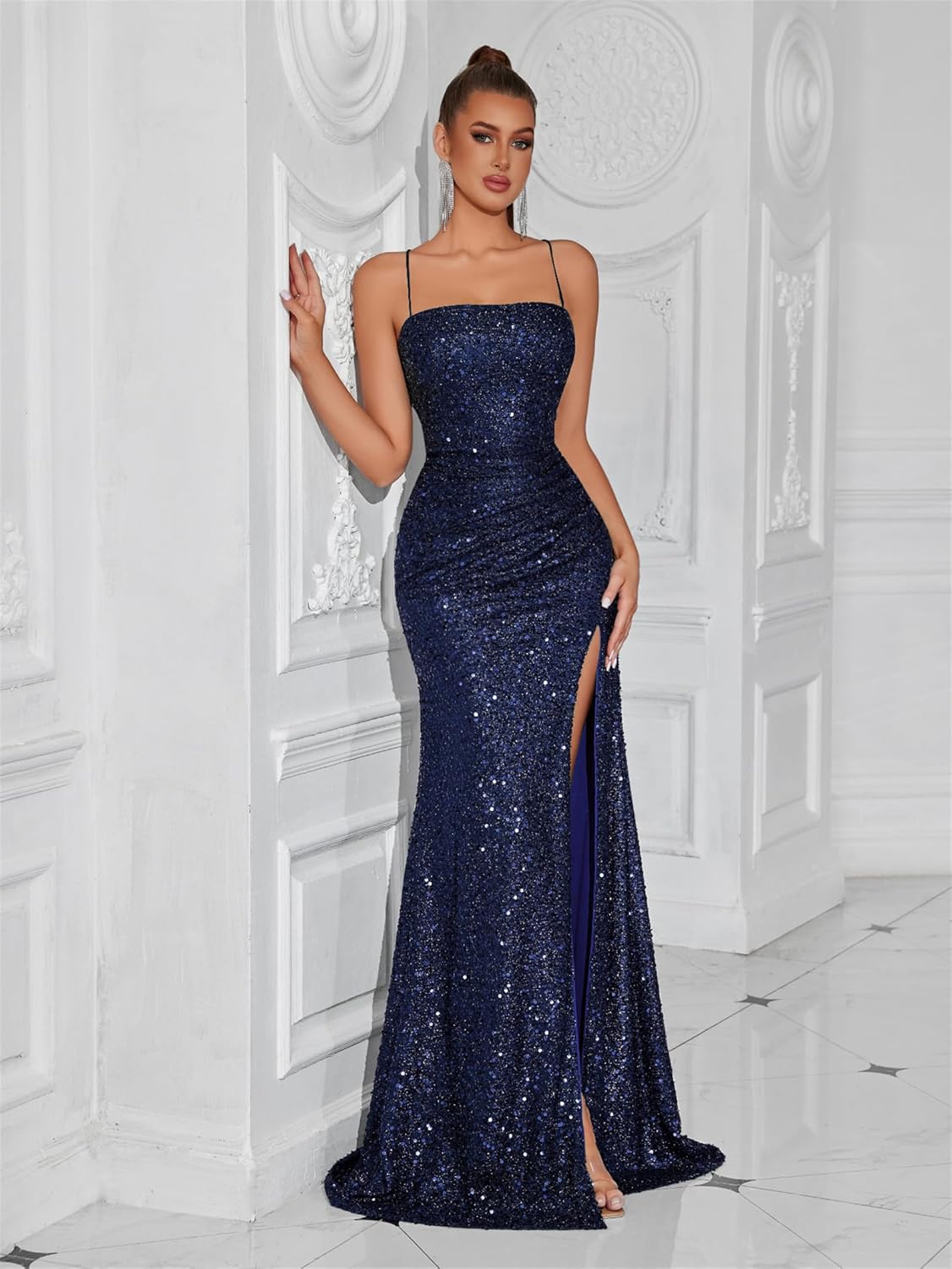 Elegant Evening Dress Women Party Long Formal Dress Sequined Strap Ladies Gown Bodycon Floor Length Female Outfits