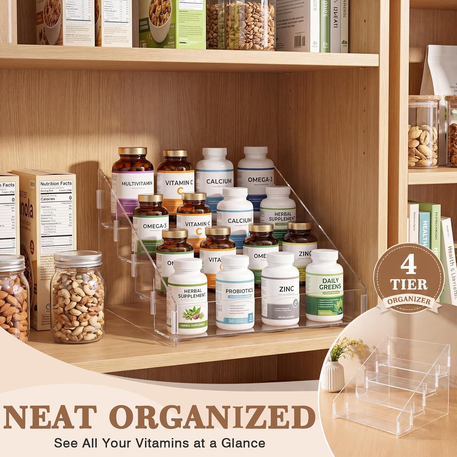Novabright 1 Pack 4 Tier Acrylic Vitamin Organizer for Counter & Cabinet