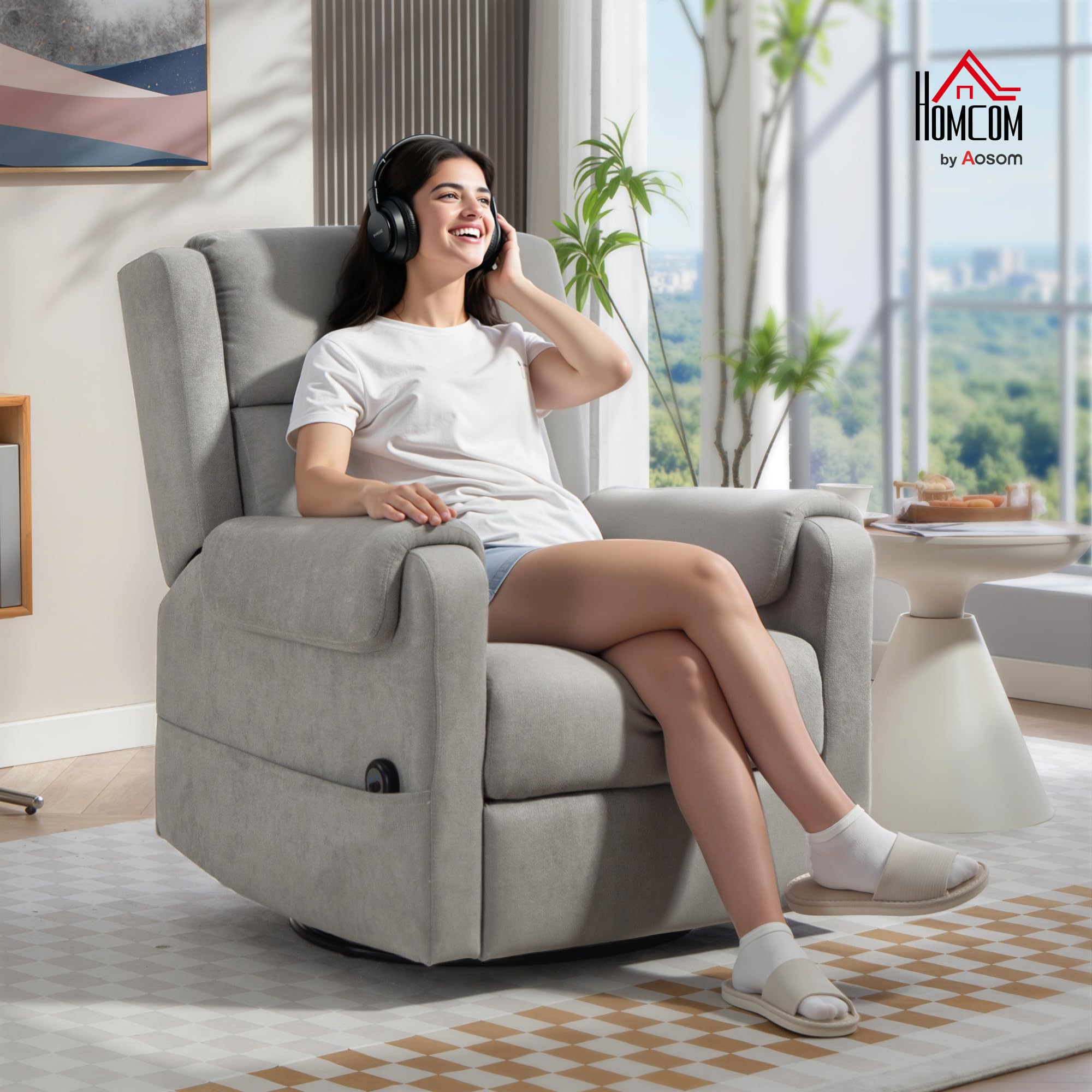 HOMCOM Sillón Relax Reclinable Eléctrico, Sillón Reclinable Giratorio y Balancín con Reposapiés Ajustable, Mando a Distancia, Acolchado Grueso, Tela de Rizo, para Dormitorio, Salón, Gris Claro