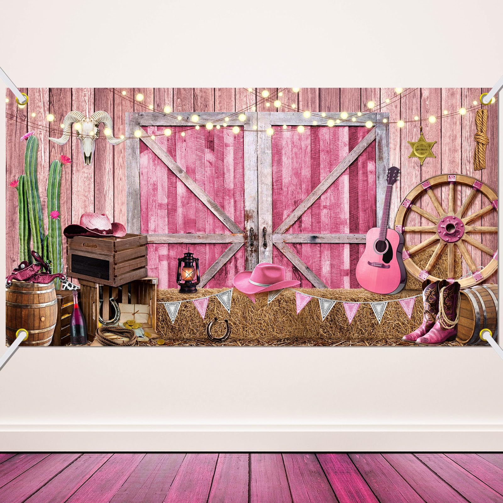 Moukeren 7 x 13 ft Large Western Party Backdrop Cowgirl Party Decorations Pink Wild West Background Decor Wooden House Barn Photo Banner Photoshoot