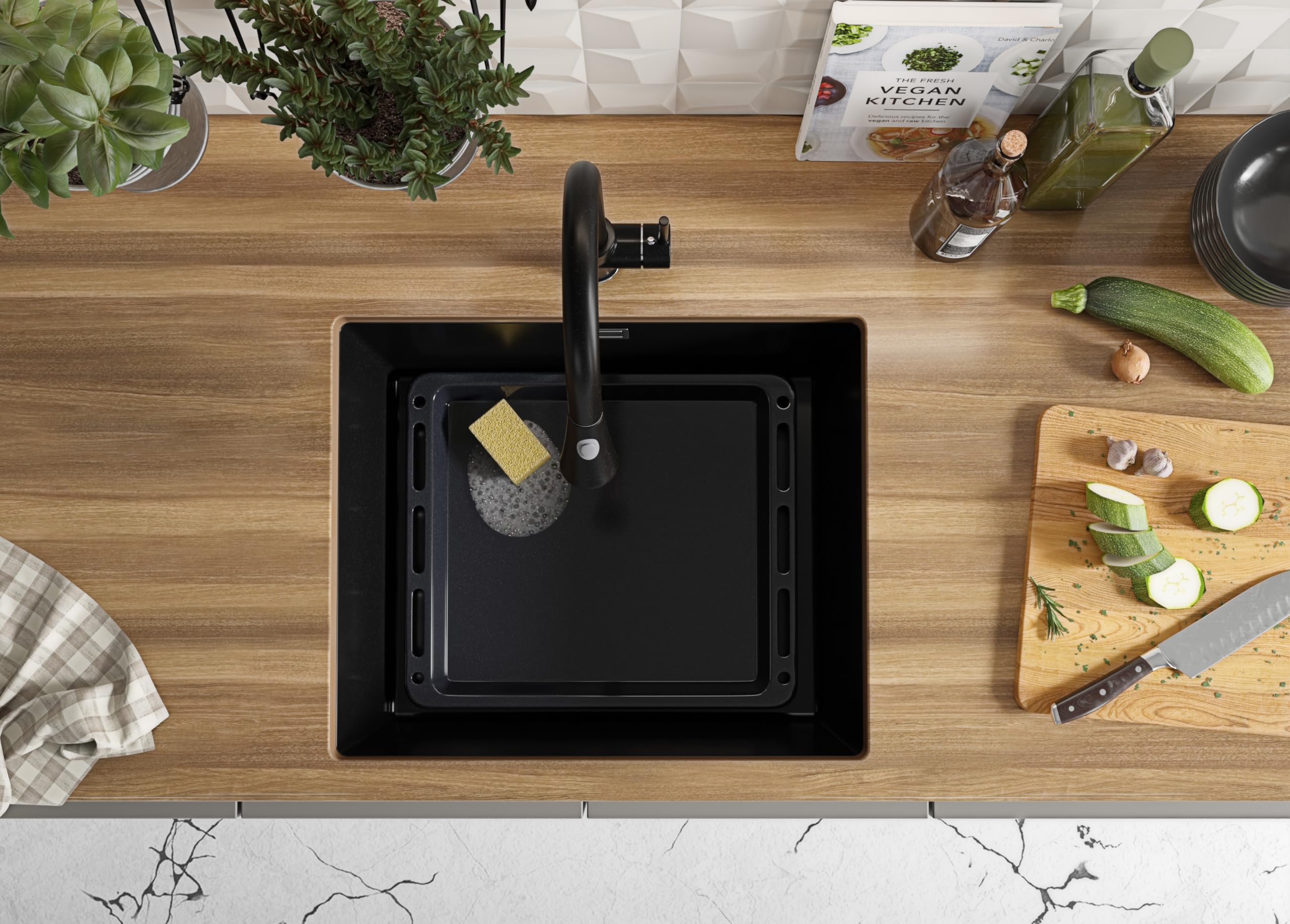 PRIMAGRAN Fregadero bajo Encimera Negro 56x47cm, Cocina 1 Seno + Sifón, Granito al Mueble 60cm - London S297