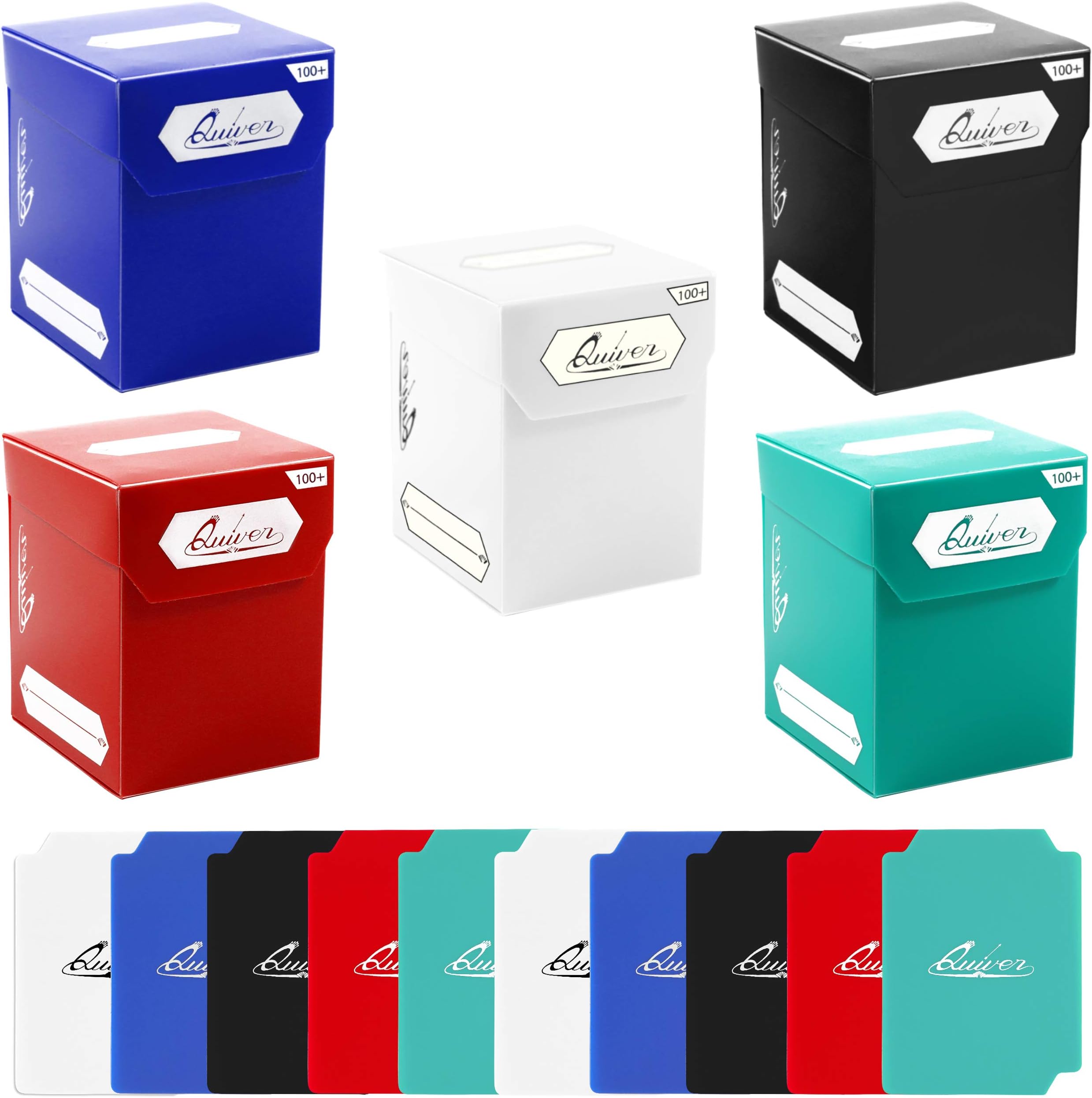 Quiver Time 100+ Standard Deck Blocks with 2 Dividers/Card Deck Box - Set of 5 MTG Deck Boxes - Compatible with Magic Commander, Yugioh and Other TCG Cards - (White, Black, Blue, Red & Green)
