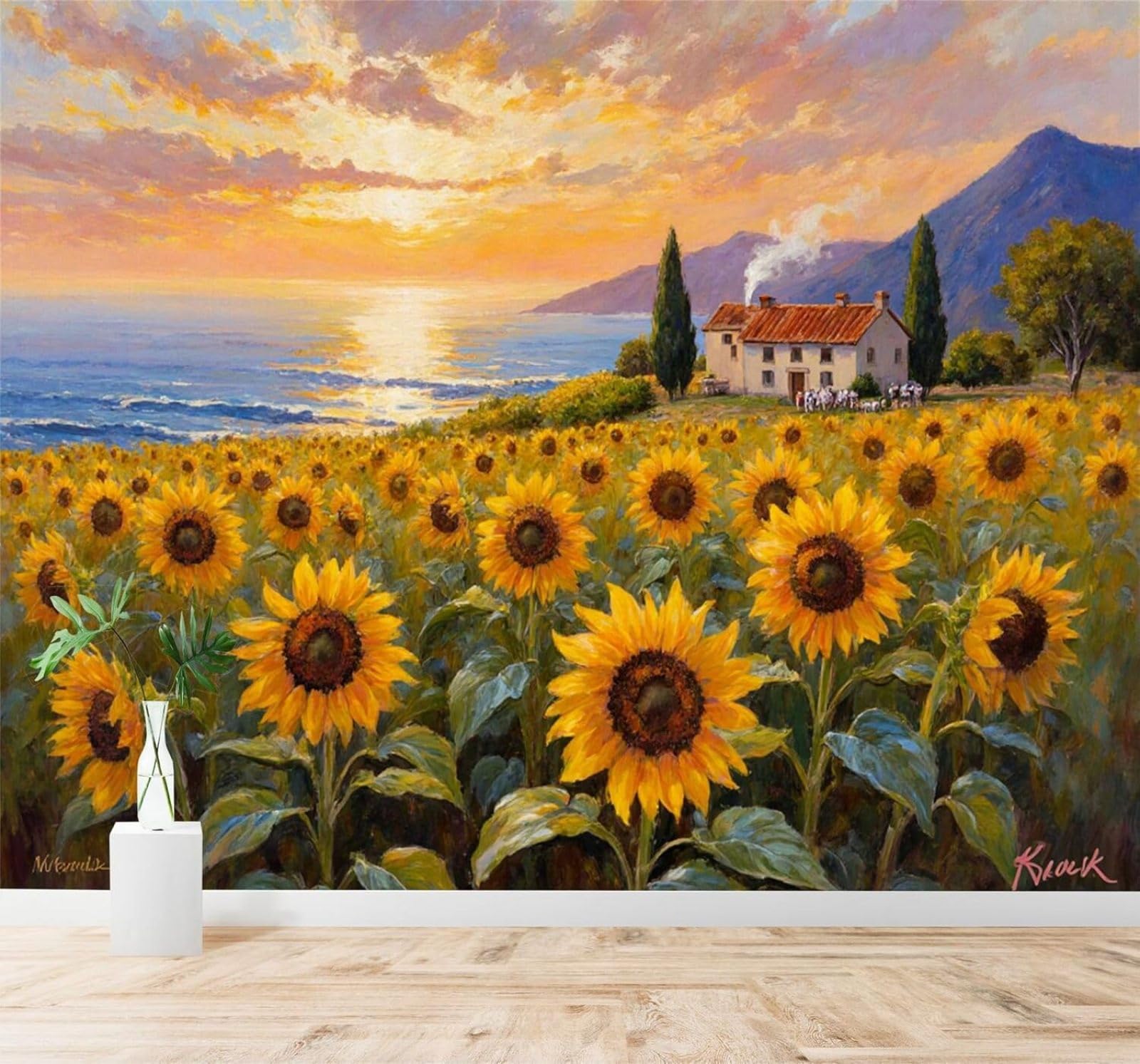 Xlming 350Cm×256Cm(B×H) Seaside Sunflower Field Sunset Sky Country Cottage 3D Wallpaper Premium Textured Silk Study Dining Living Room Bedroom Sofa Tv Wall Easy Install-350Cm×256Cm