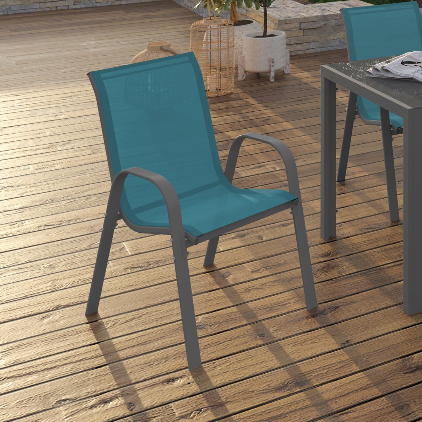 IDMarket - Lot de 6 chaises de Jardin LYMA métal et textilène empilables Bleu Canard