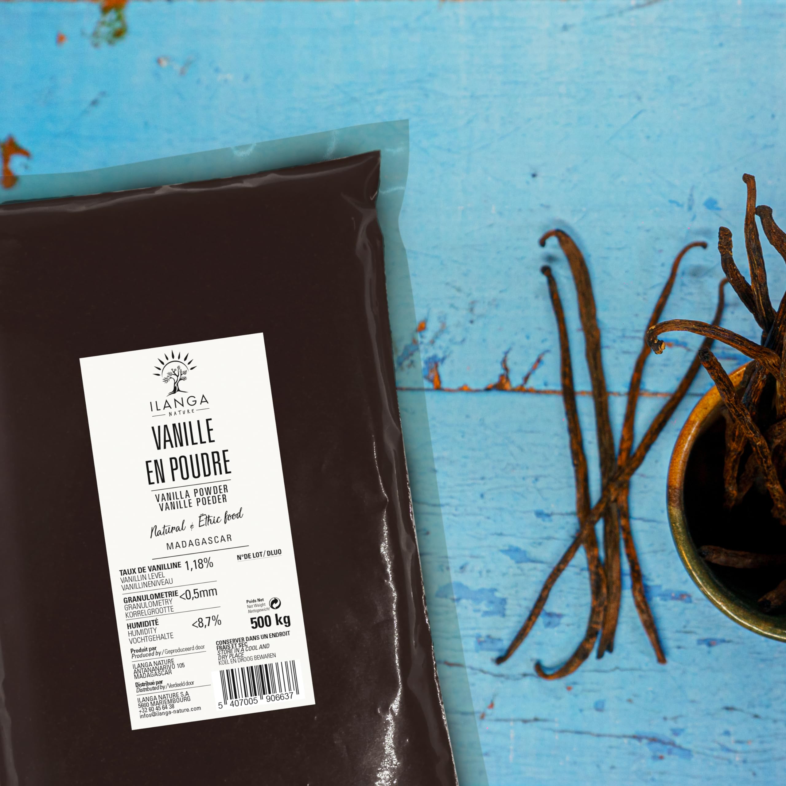 Ilanga Nature Poudre de Vanille Bourbon de Madagascar 500g, Vanille Pure Premium, Vanille Naturelle Moulue, Arôme Intense, Sans Additifs, Idéale pour Pâtisserie, Desserts et Cuisine