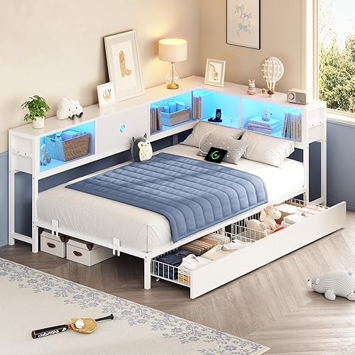 Miniatura 9 de Marco de cama de esquina individual Hasuit con cajones de almacenamiento y cabecero tipo estantería, marco de cama de plataforma de metal tamaño