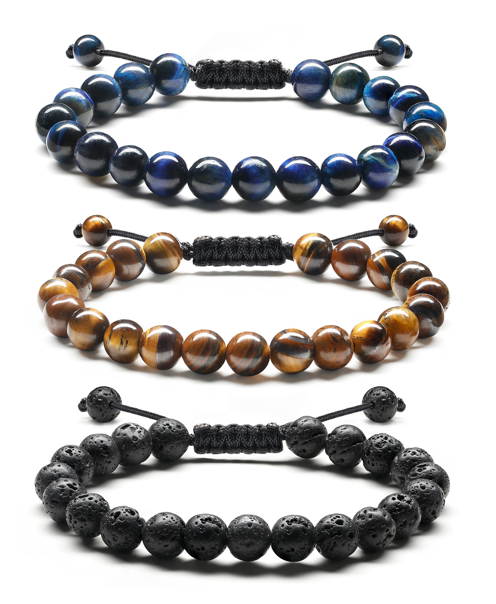 ADRAMATA Bracciale Uomo Bracciale Pietre Naturali 8MM Pietra Ossidiana Bracciale Occhio di Tigre Braccialetti con Perline Regolabili Set di Bracciali Uomo Fatto a Mano Gioielli Uomo Regali per Uomo