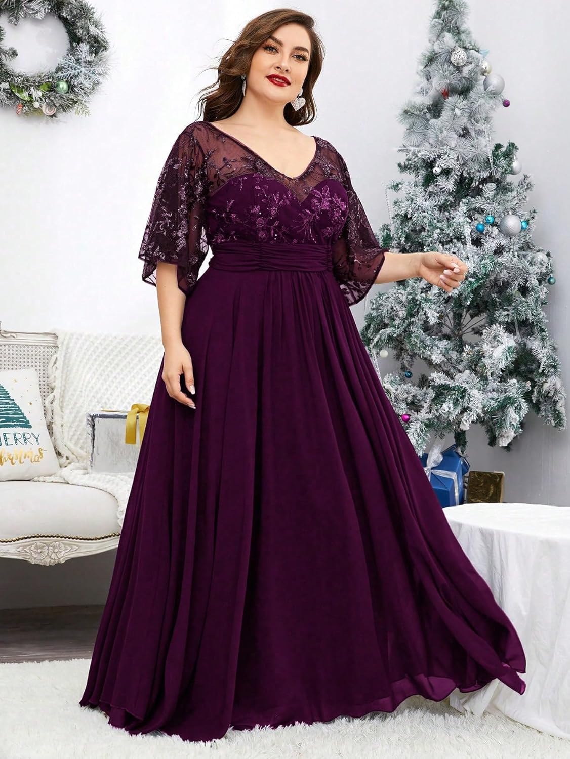 Women's Plus Size V Neck Lace Sequin Embellished with Pleat Waist Contrast Chiffon Long Formal Evening Party Dress - Image 2