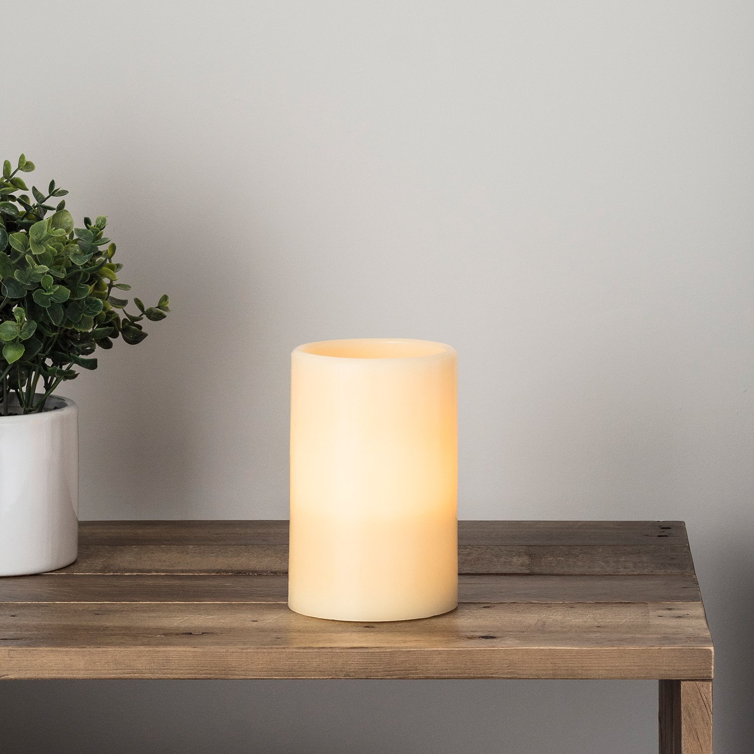 Lights4fun White With Ivory Tone Small Church Pillar Battery Operated Wax Led Candle With Timer