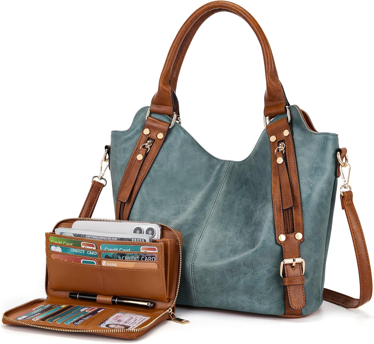 Crossbody Bags for Women Large Hobo Purse PU Leather Shoulder Handbag Ladies Tote Wallet Set 2PCS