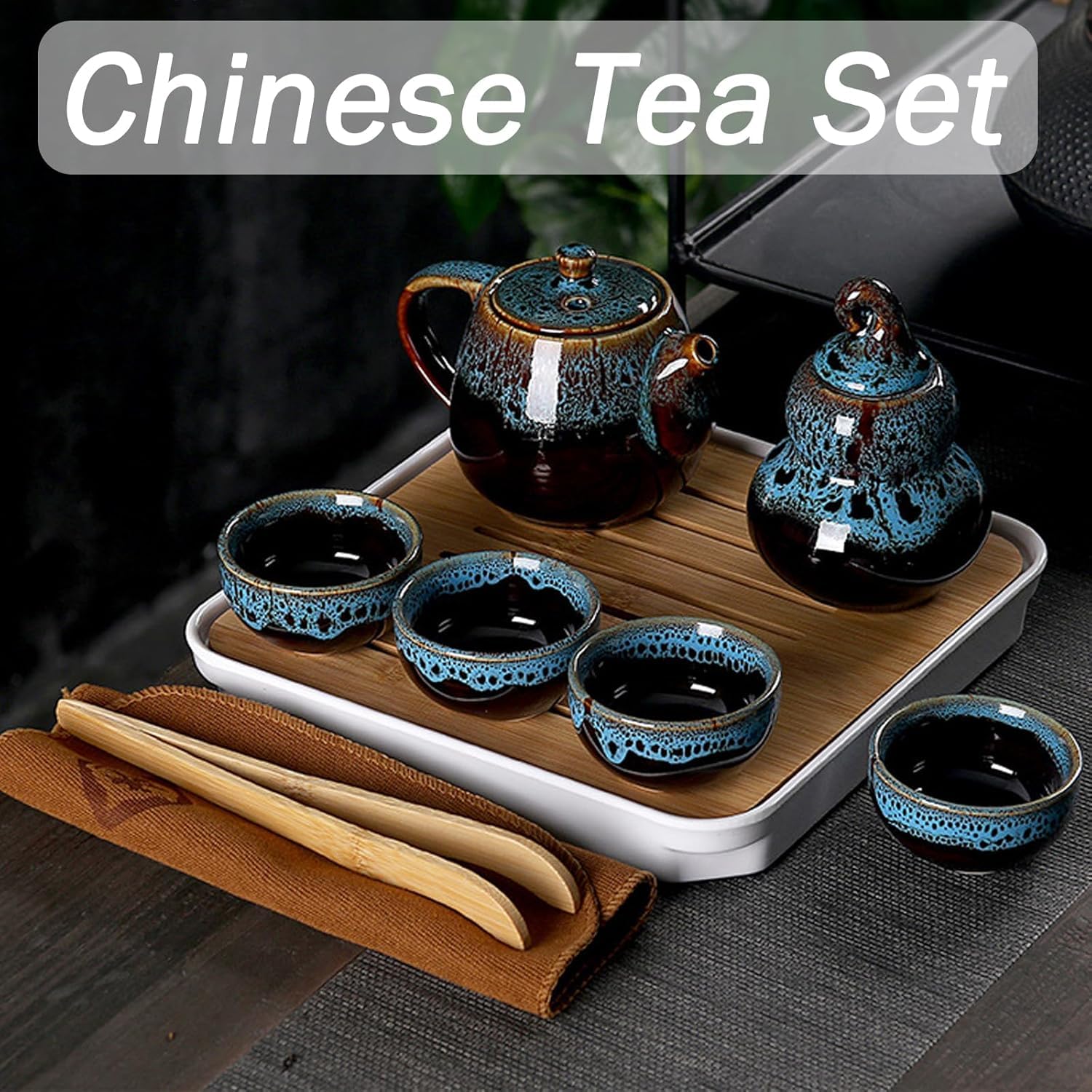 Porzellan Chinesisches Kongfu Tee Set, Tragbares Porzellan Reise Teeservice mit Teetasse, Teekanne, Teematte Bambus Tablett, Teeklammer, Geschirrtuch und Tragetasche Geeignet für Reisen