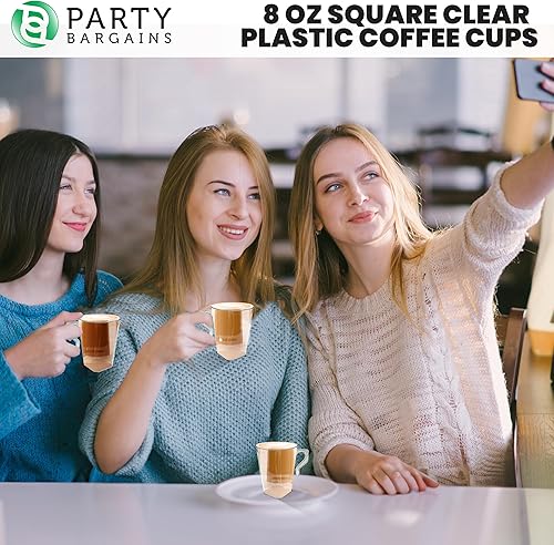 Miniatura 4 de PARTY BARGAINS Tazas de café de plástico, 8.5 onzas, 32 unidades, transparentes, cuadradas con asas, reutilizables, tazas de té similares a China,
