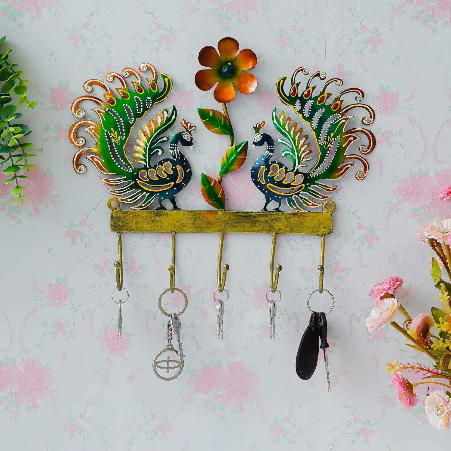 Webelkart Premium Peacock Designer Iron Key Holder for Home/Office Decor/Key Hanger for Wall Decor,Key Holder for Home Decor Diwali Decorative Gift Item (14" Inches)