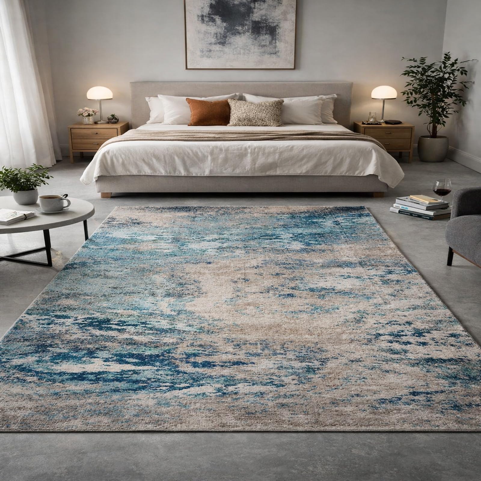 Tapis abstrait moderne bleu turquoise 200 x 250 cm pour grand salon