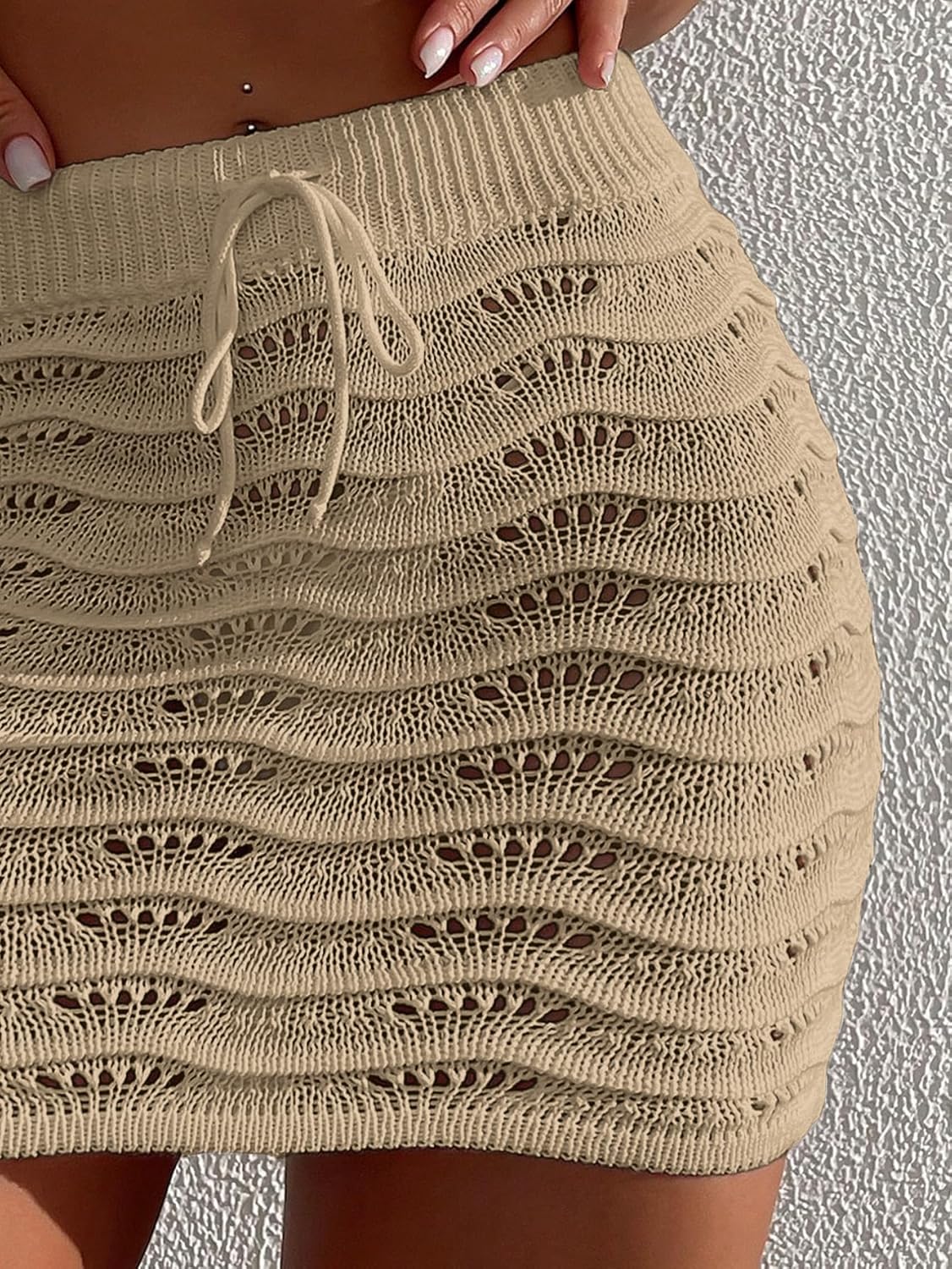 SHENHE Women's Swimsuit Beach Skirt Hollow Out Drawstring Tie Front Bikini Crochet Cover Up Skirt Sarong - Image 3