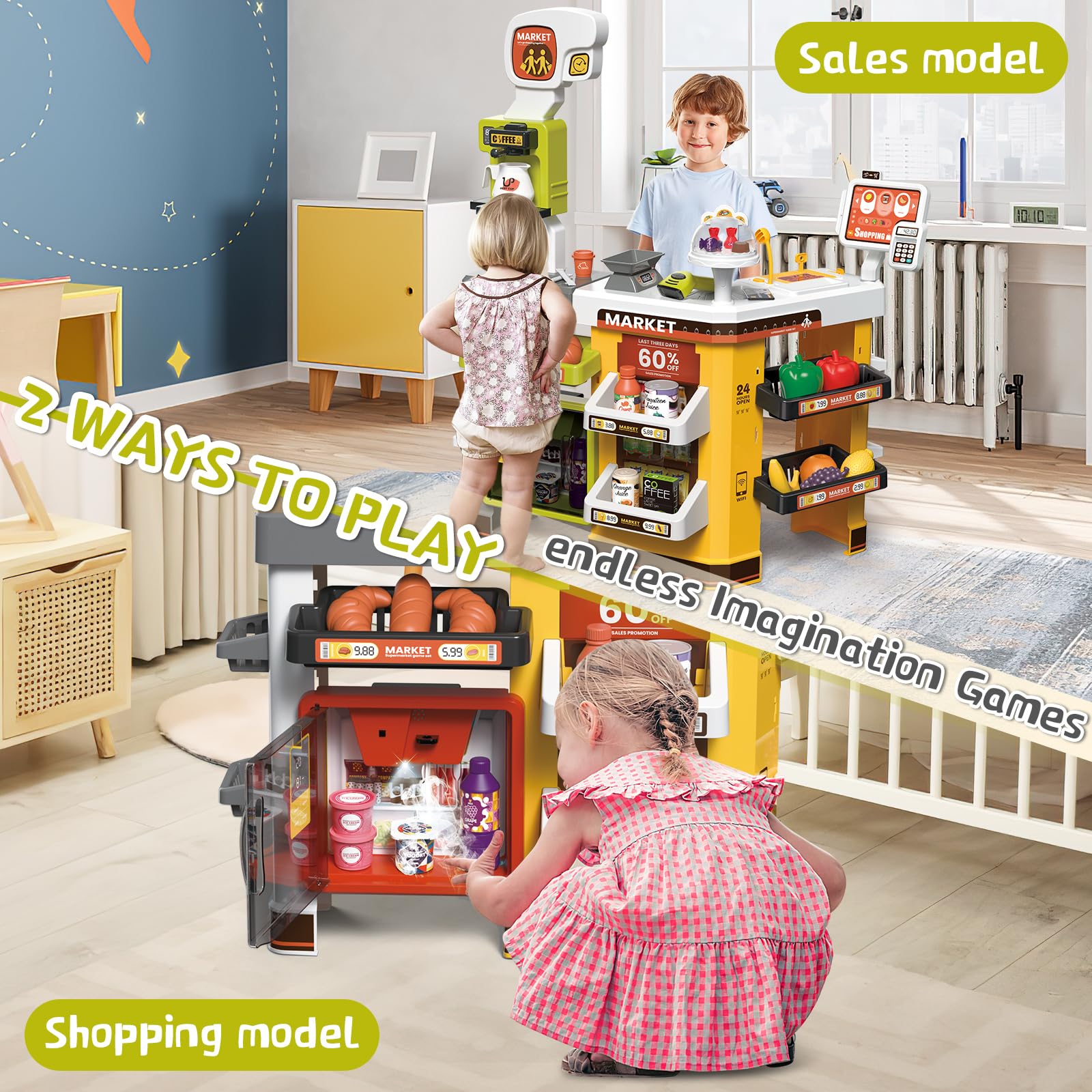 deAO Supermercato Con Carrello Della Spesa, Registratore Di Cassa, 65pcs Accessori Per Negozi, Registratore Di Cassa Con Scanner E Suono, Negozio Giocattolo Per Bambini Da 3 Anni, Compleanno