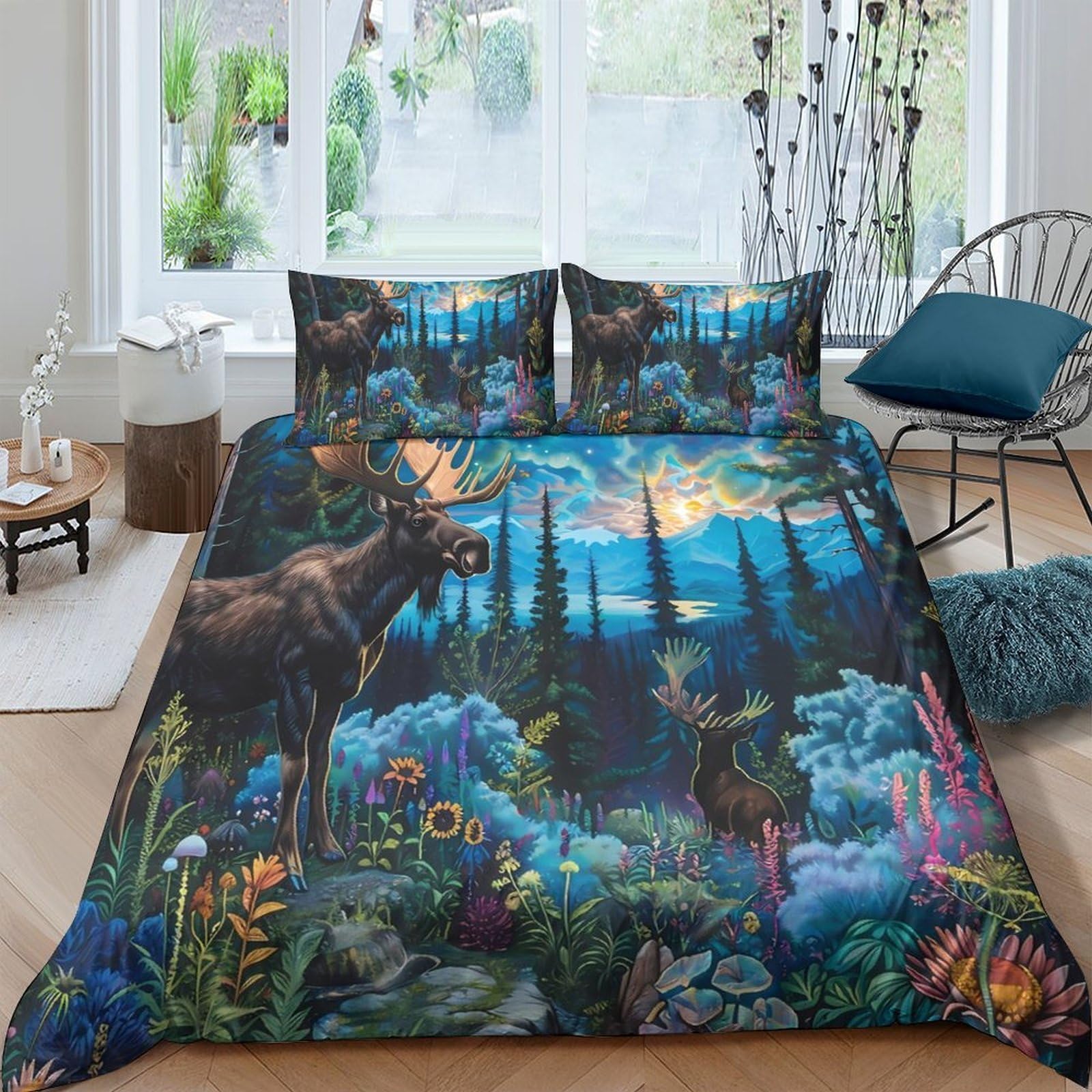 Ctjqhvkz Style-1 3D Printed Forest Deer Fitted Sheet Microfiber Soft Blue Night Landscape Mattress Cover For Bedroom Guest Room Decor Single（135X200cm）