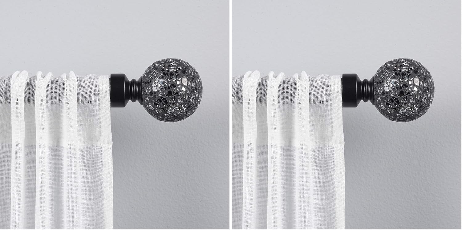 Exclusive Home Curtains Black Pearl Mosaic 1" Curtain Rod and Coordinating Finial Set, Matte Black, Adjustable 66"-120" (Pack of 2)