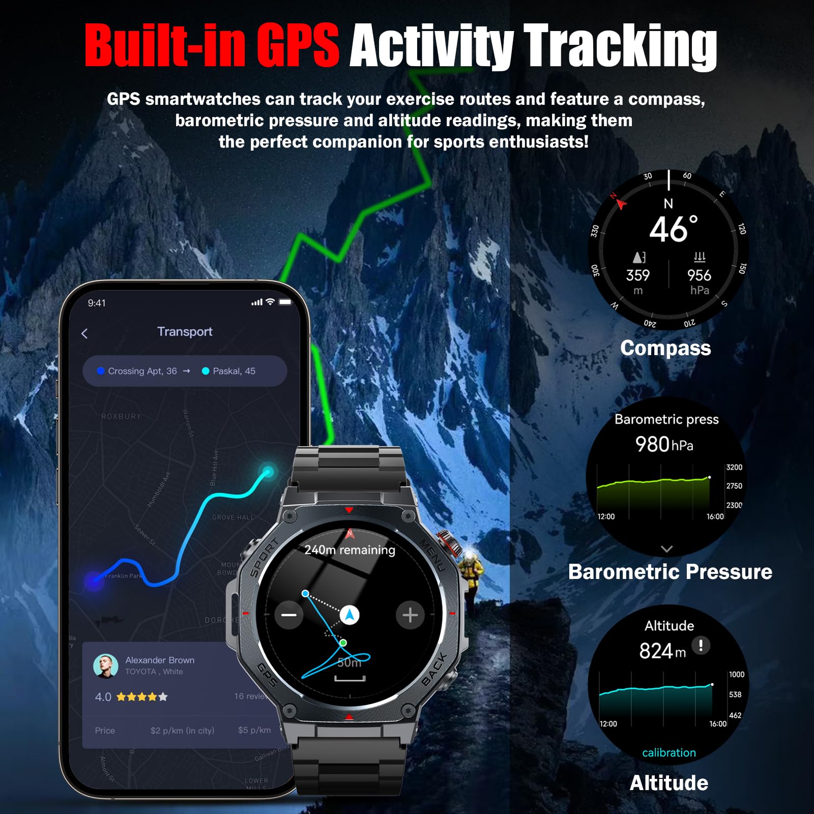 Reloj Inteligente Hombre Militar con GPS y Linterna LED, 5ATM Smartwatch con Brújula llamadas Bluetooth Pulsómetro Oxímetro Sueño, 1.43"AMOLED Reloj Deportivo con 160+Modos Deportivos para IOS Android