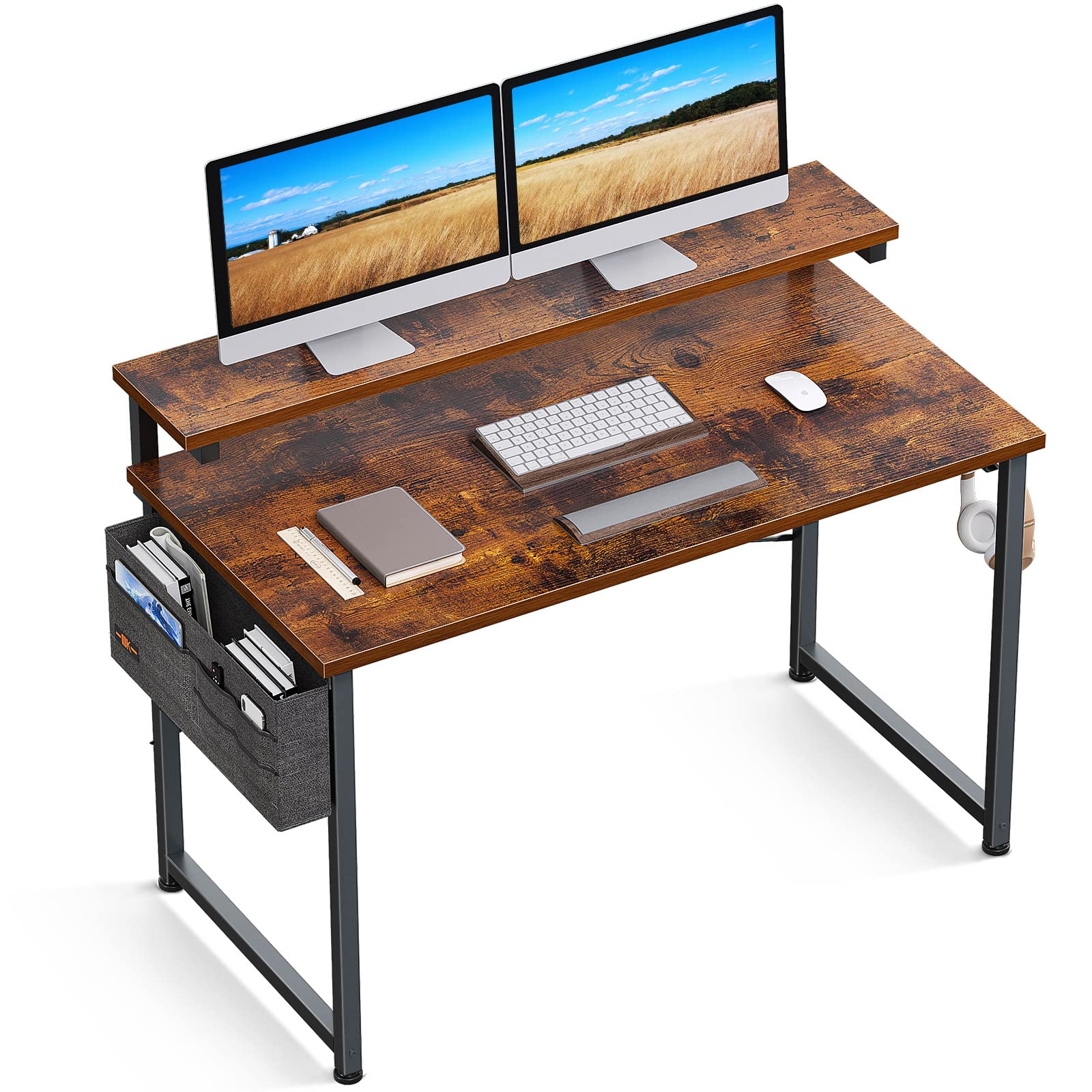 ODK Computer Desk with Adjustable Monitor Shelves, 40 inch Home Office Desk with Monitor Stand, Writing Desk, Study Workstation with 3 Heights (10cm, 13cm, 16cm), Rustic Brown