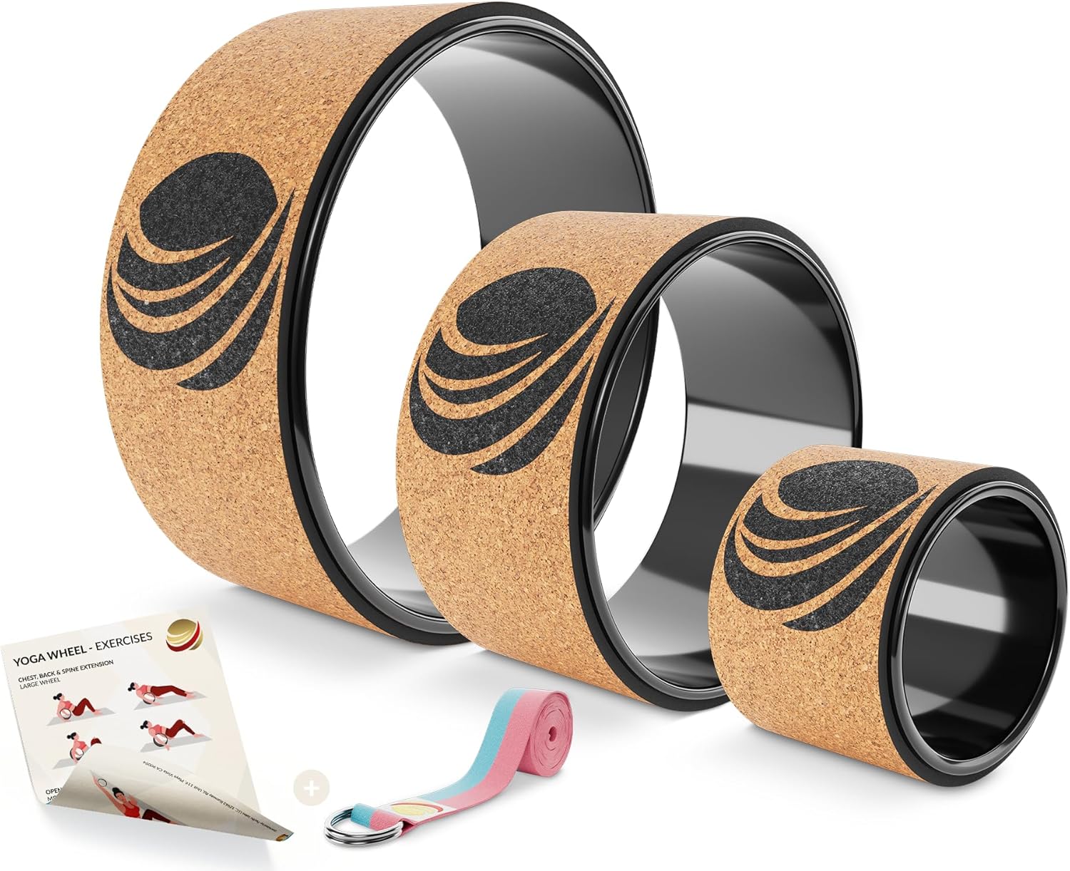 Pacific Sales | Cork Yoga Wheel Set of Three (Large, Medium, Small) | Soft and Comfortable with Yoga Belt and Exercise Sheet | Non-Slip Yoga Wheel