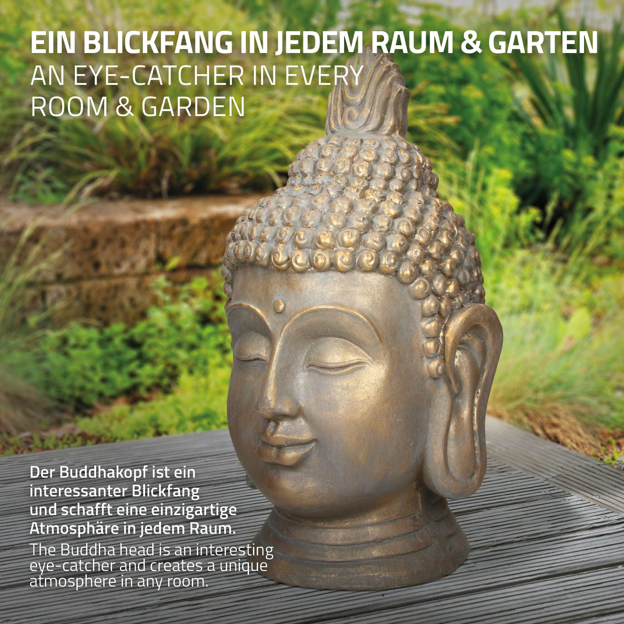 ECD Germany Statua Testa di Buddha 31 x 29 x 53 cm - in Poliresina - Aspetto Bronzo - per Yoga, Feng Shui o Meditazione - Casa o Giardino - Figura Decorativa Scultura Ornamentale da Interno/Esterno