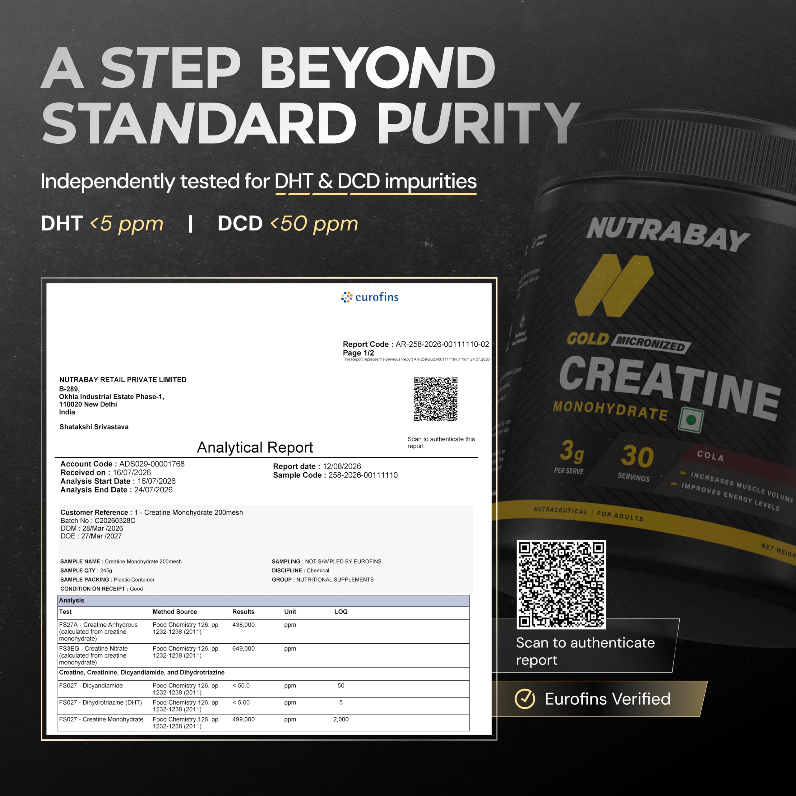 Nutrabay Gold Micronized Creatine Monohydrate 3g Creatine/Serving, NABL Lab Tested | DCD & DHT Tested | Increases Muscle Mass, Strength & Power – Pre/Post Workout Supplement – 120g, Cola — Amazon image 7