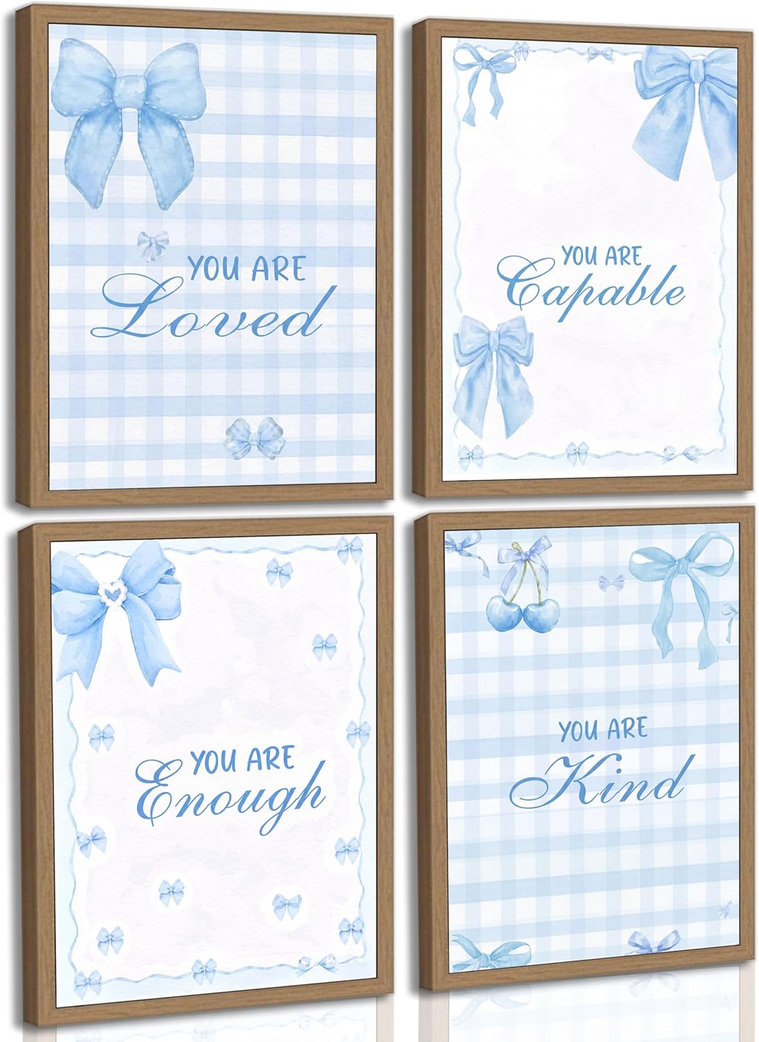 4Pcs Trendy Pink Bow Canvas Wall Art Cute Preppy Watercolor Cherry Bow Inspirational Positive Affirmations Pictures Wall Decor Posters Prints Girly Aesthetic for College Apartment Bedroom Decoration