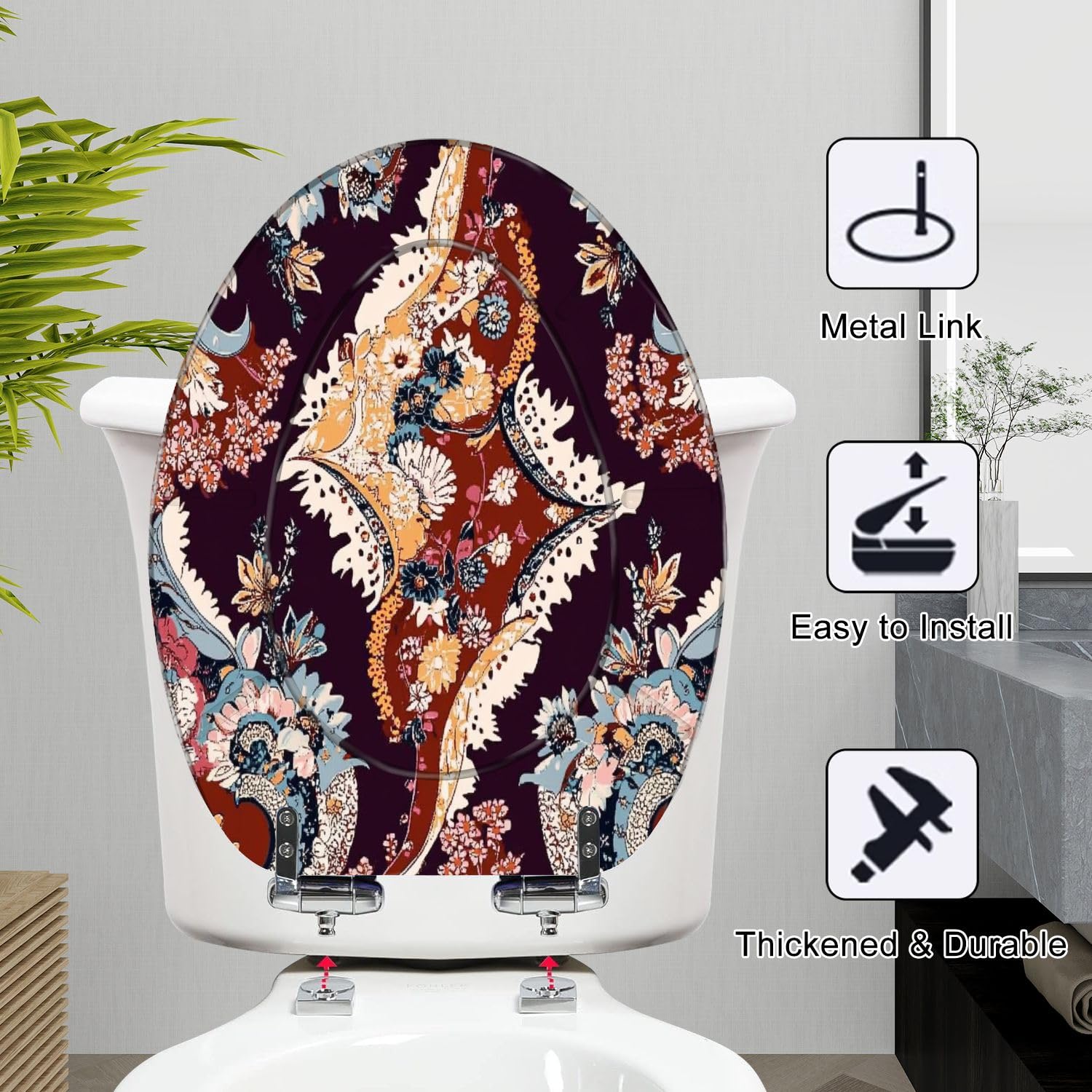 Asiento de inodoro alargado de resina, con estampado floral y bisagras de
